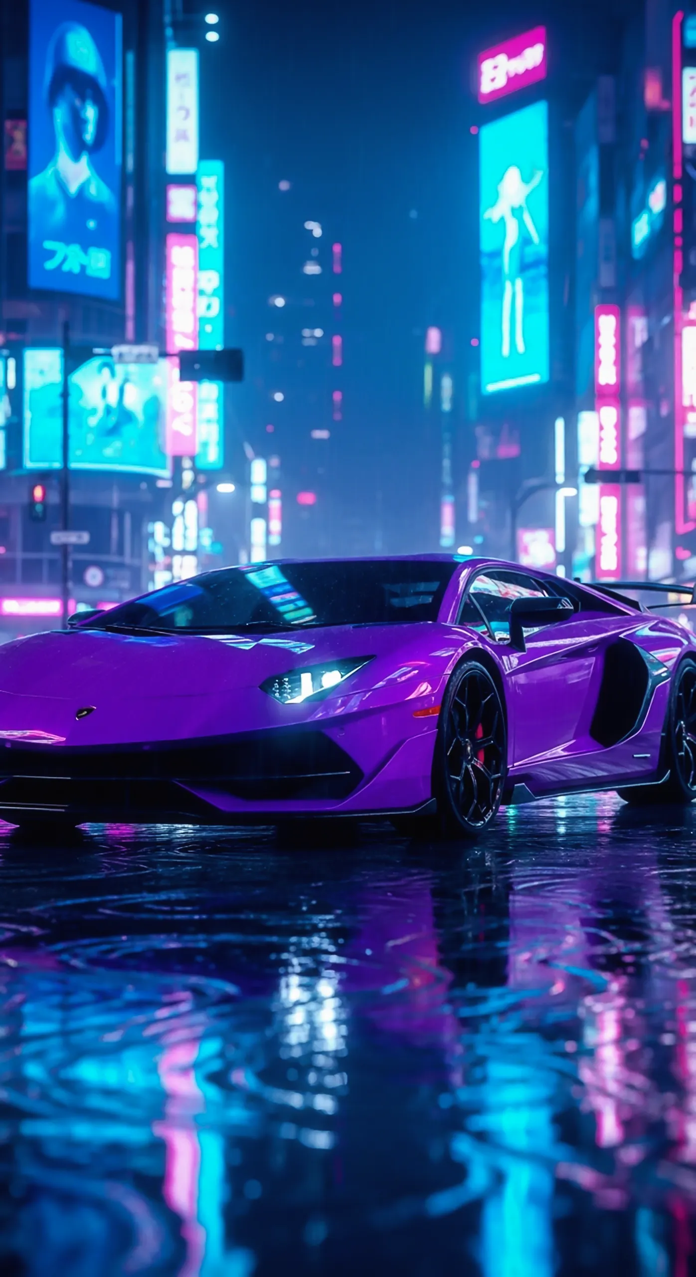 Purple Lamborghini car iPhone wallpaper, a stunning car wallpaper 4K for mobile in a neon city. Best car wallpaper4K