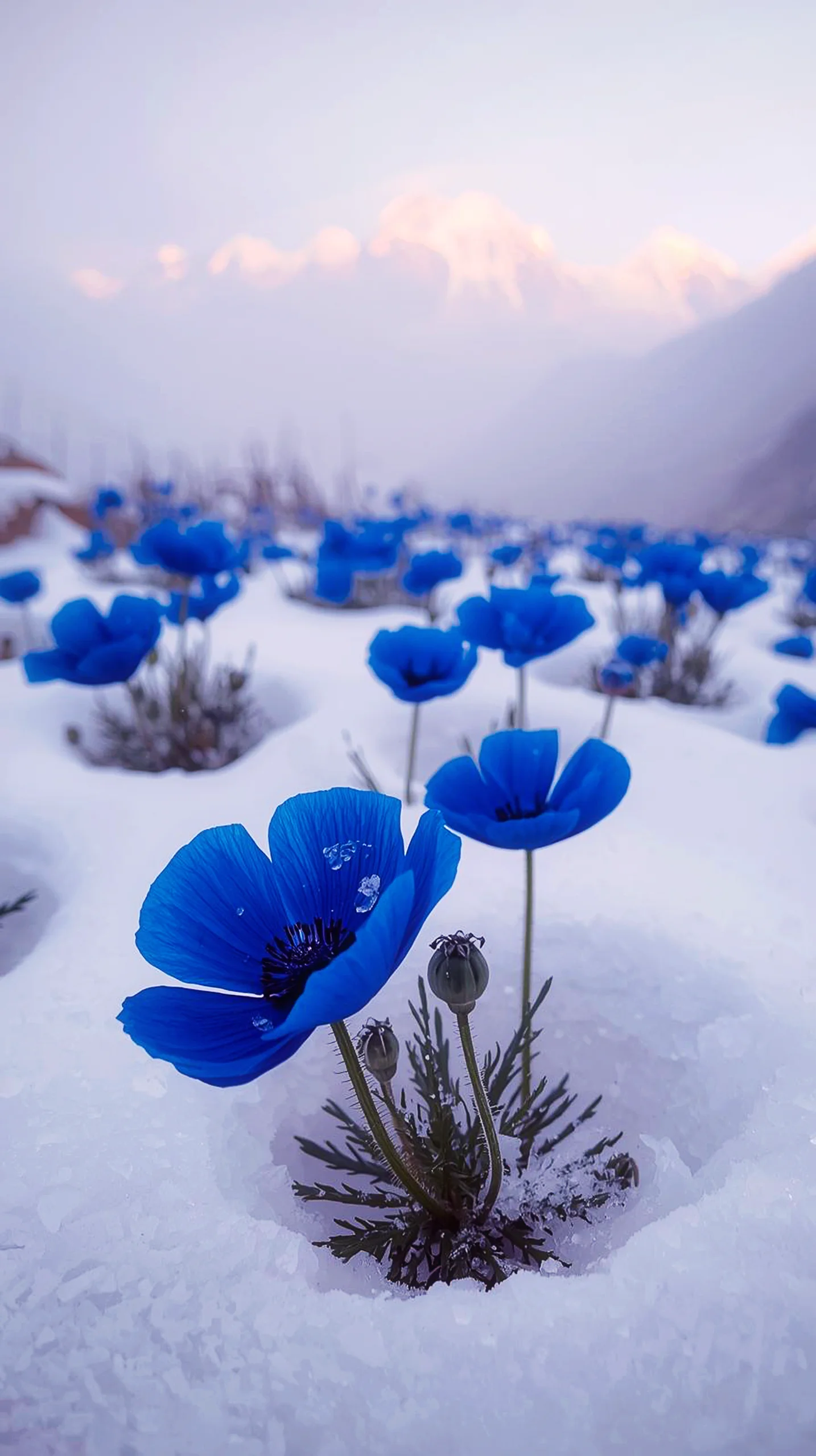 Blue Flowers in Snow 4K Mobile Wallpaper: A Winter Dream