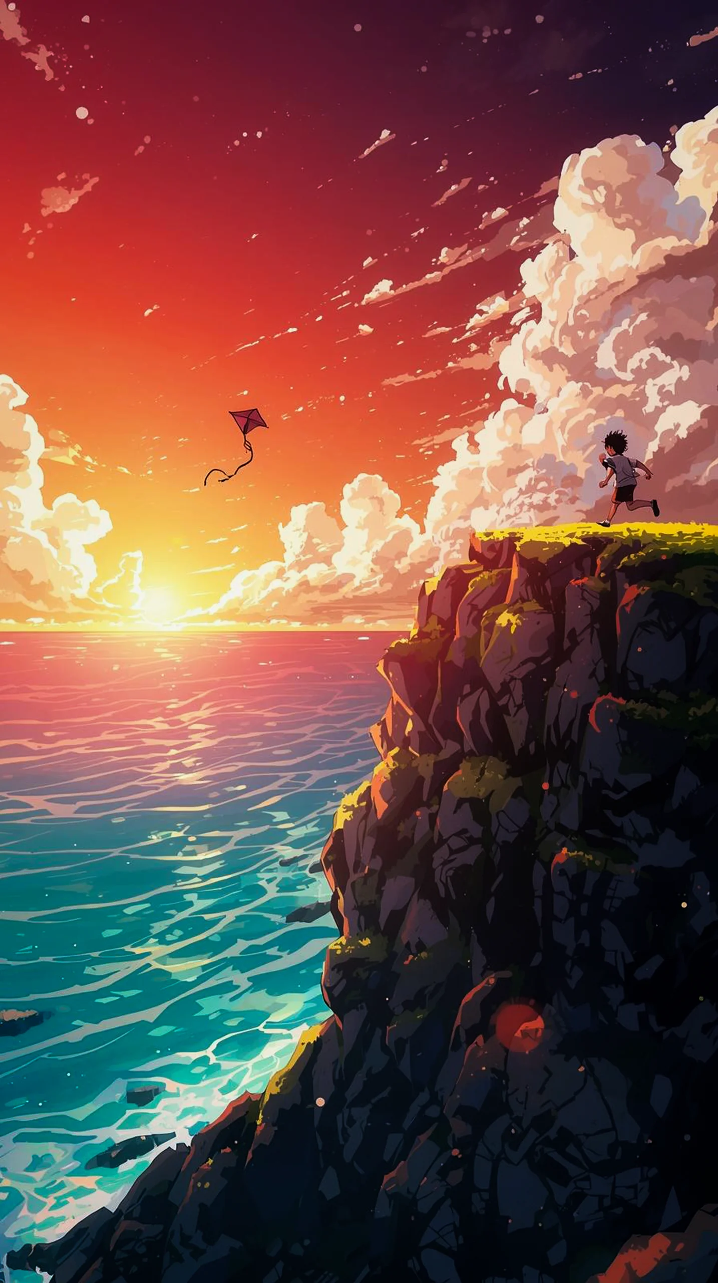 vibrant anime sunset ocean cliff wallpaper for phone 4K