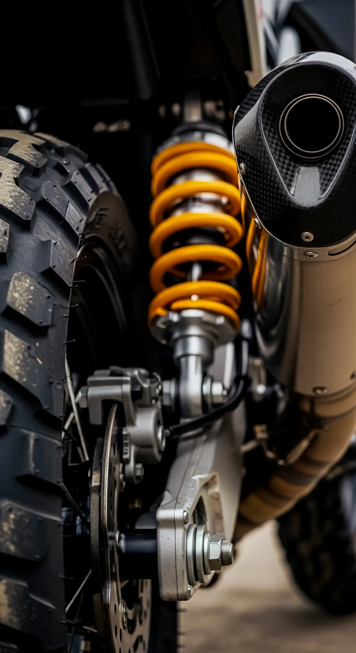 4k motorcycle wallpaper for iPhone, close-up of suspension and exhaust, 4k wallpaper for mobile.