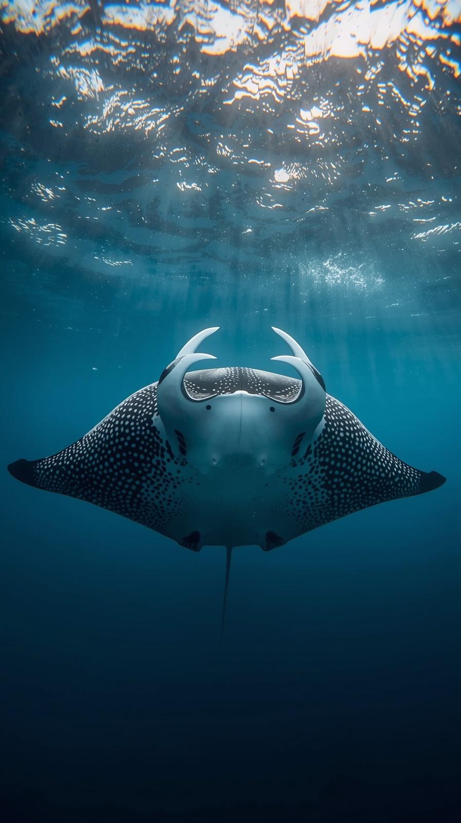 A majestic manta ray swimming gracefully through deep blue ocean water with light rays.