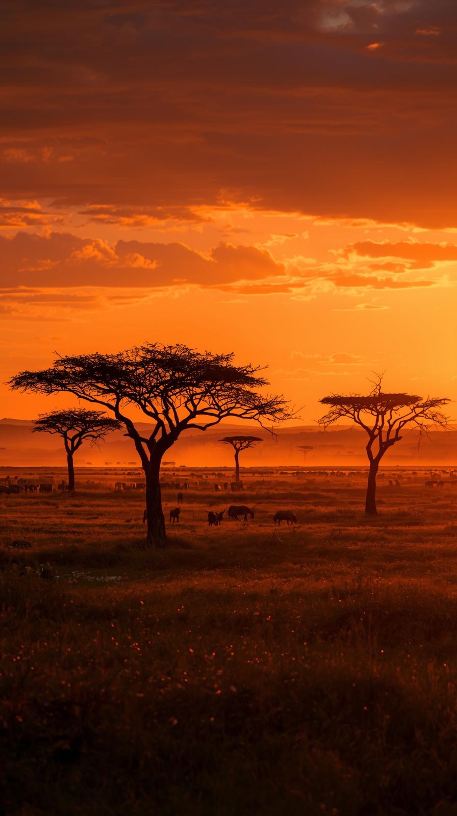 A stunning African savannah landscape at sunset featuring acacia trees as an iPhone wallpaper 4K.