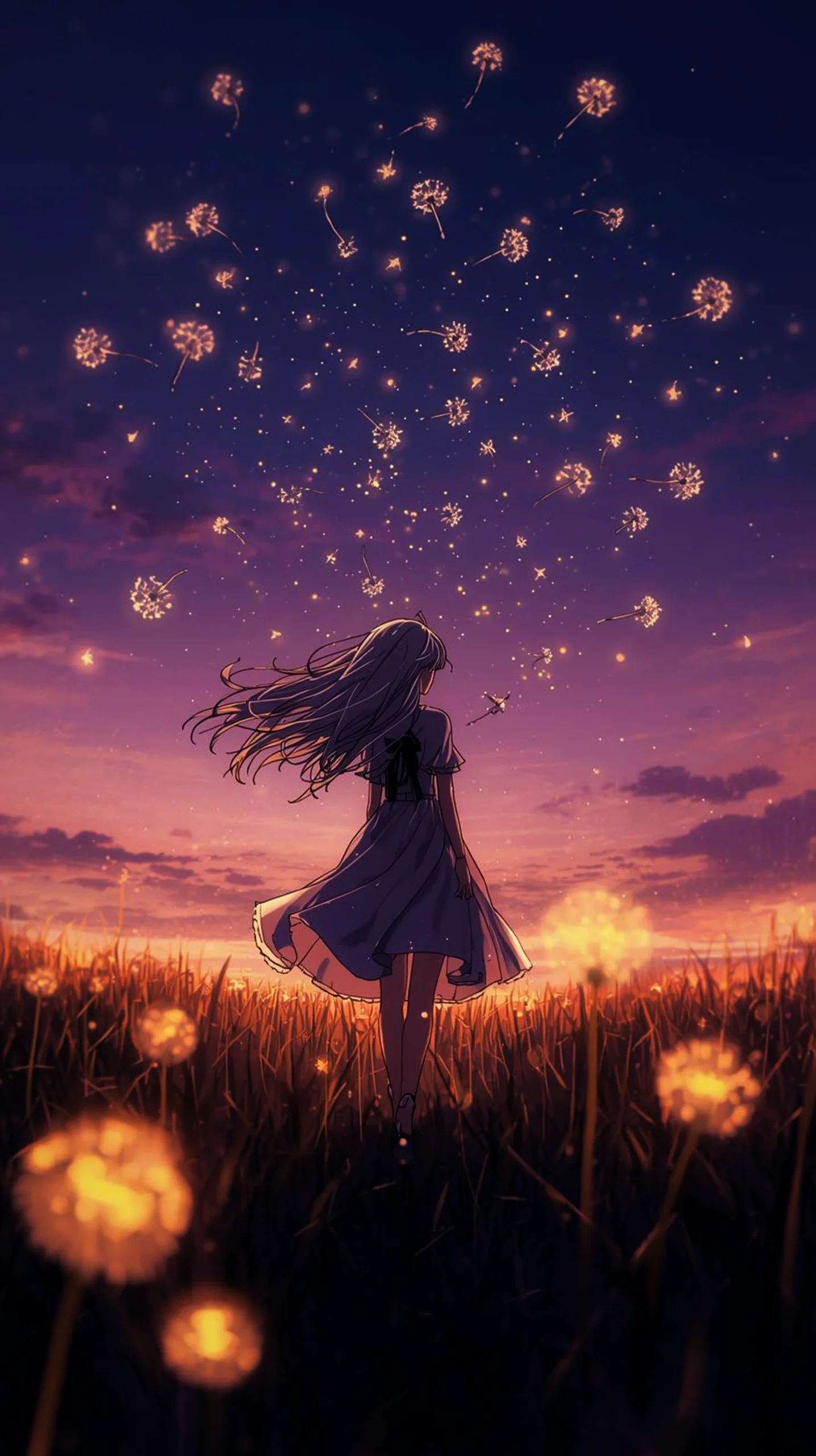 magical anime girl dandelion field wallpaper for phone 4K