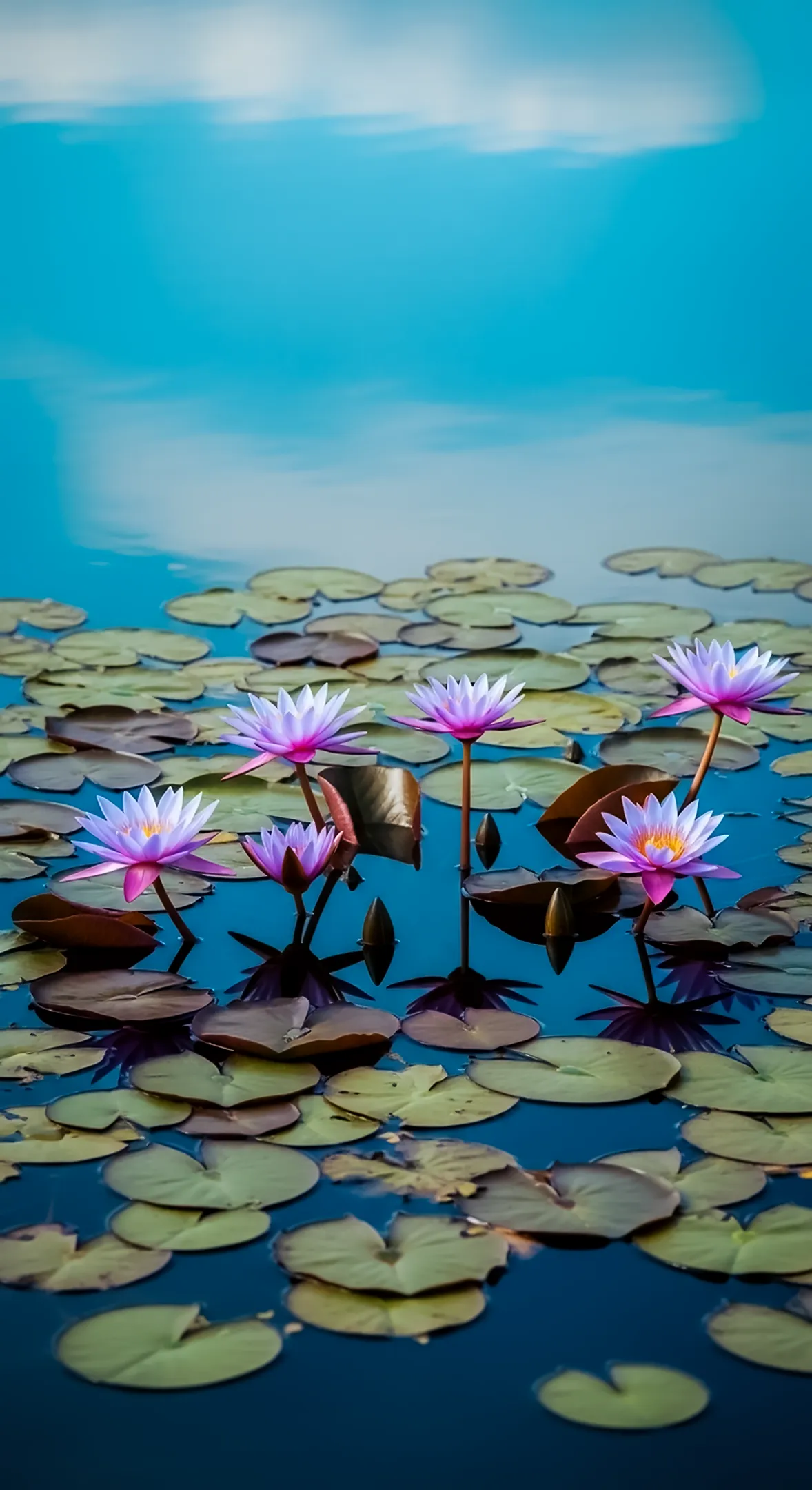 A serene flower background for iPhone featuring purple and pink water lilies floating on a calm blue pond, ideal as a