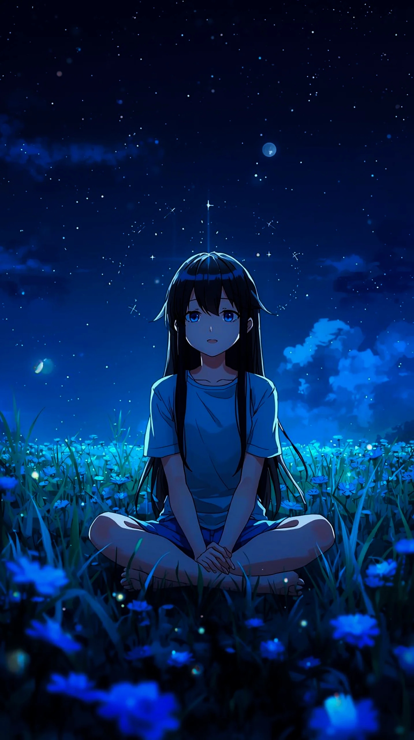 dreamy anime girl in blue flower field wallpaper for phone 4K