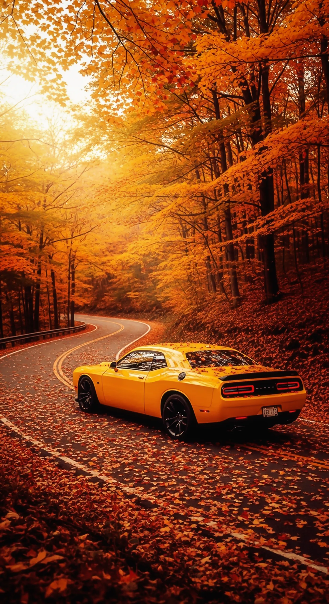 Yellow Muscle Car on Autumn Road: Car iPhone Wallpaper, Car Wallpaper 4K for Mobile, Car Wallpaper4K for Mobile for Your Device