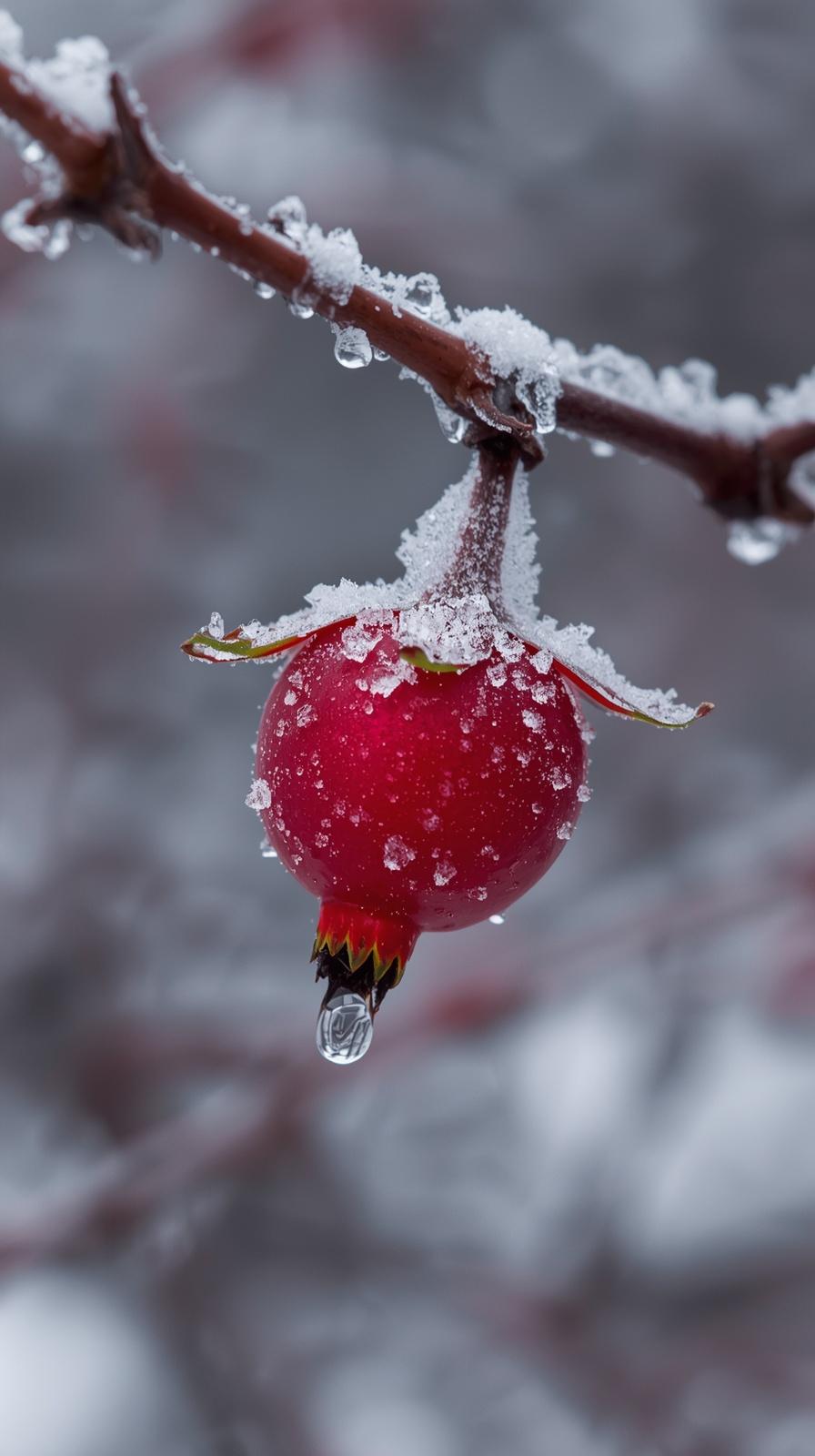 Frozen Winter Rosehip Macro Wallpaper