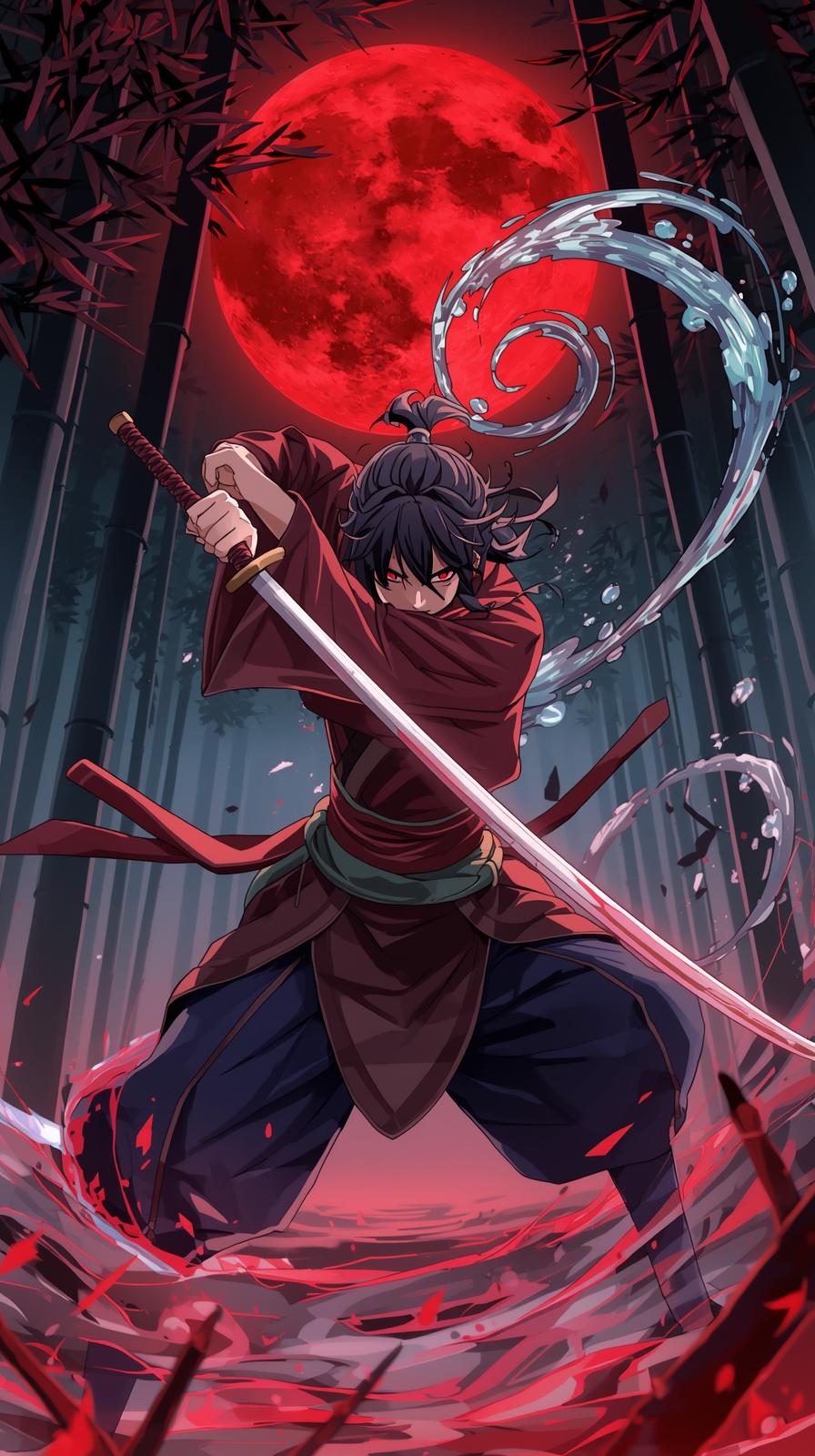 4k wallpaper for iphone - Action anime illustration of a samurai warrior in a red checkered kimono wielding a katana against a giant blood moon and dark bamboo forest background.