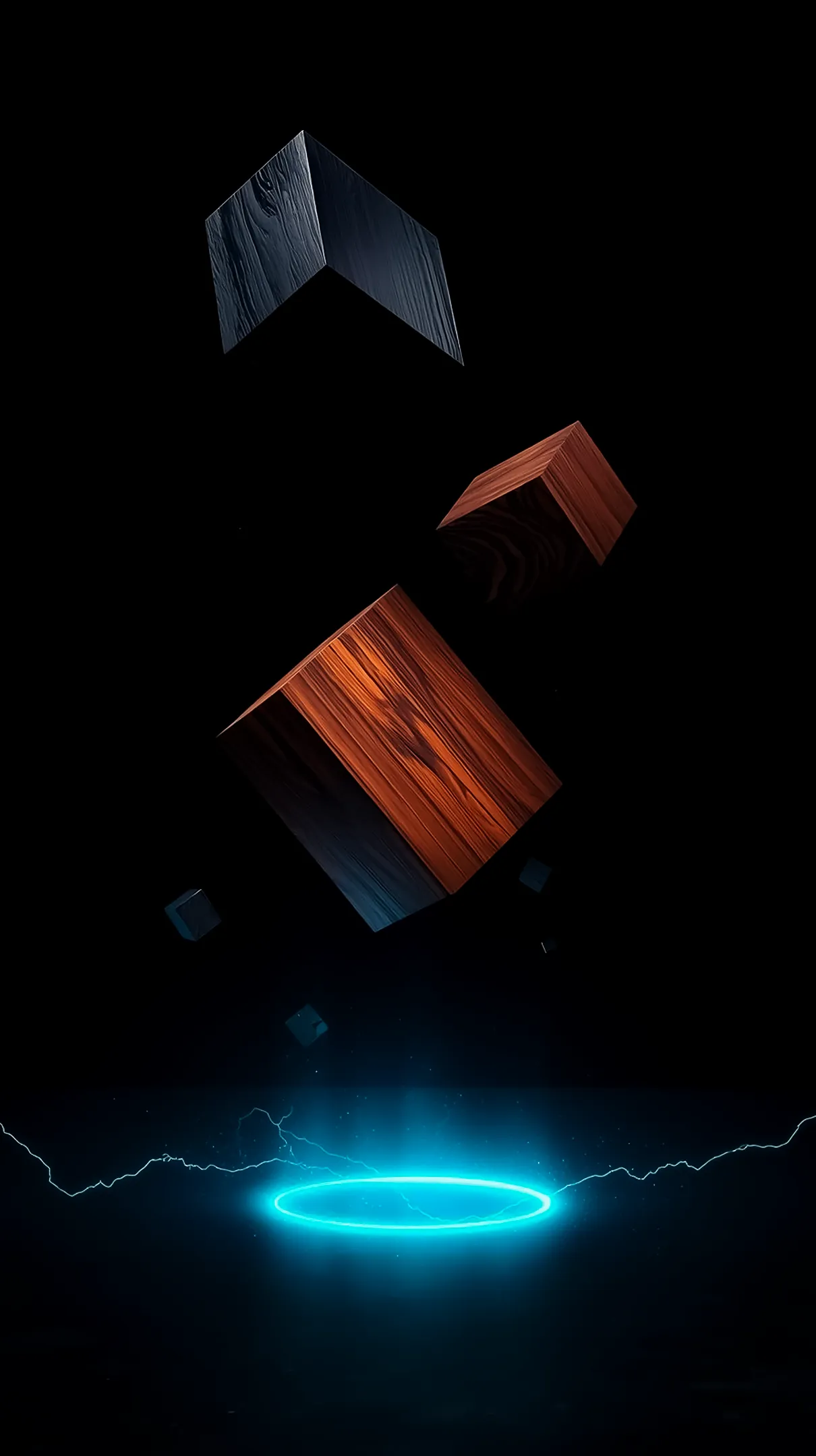 Abstract amoled wallpaper 4k for mobile with floating wood cubes and neon ring. Ideal iphone wallpaper 4k, 4k wallpaper