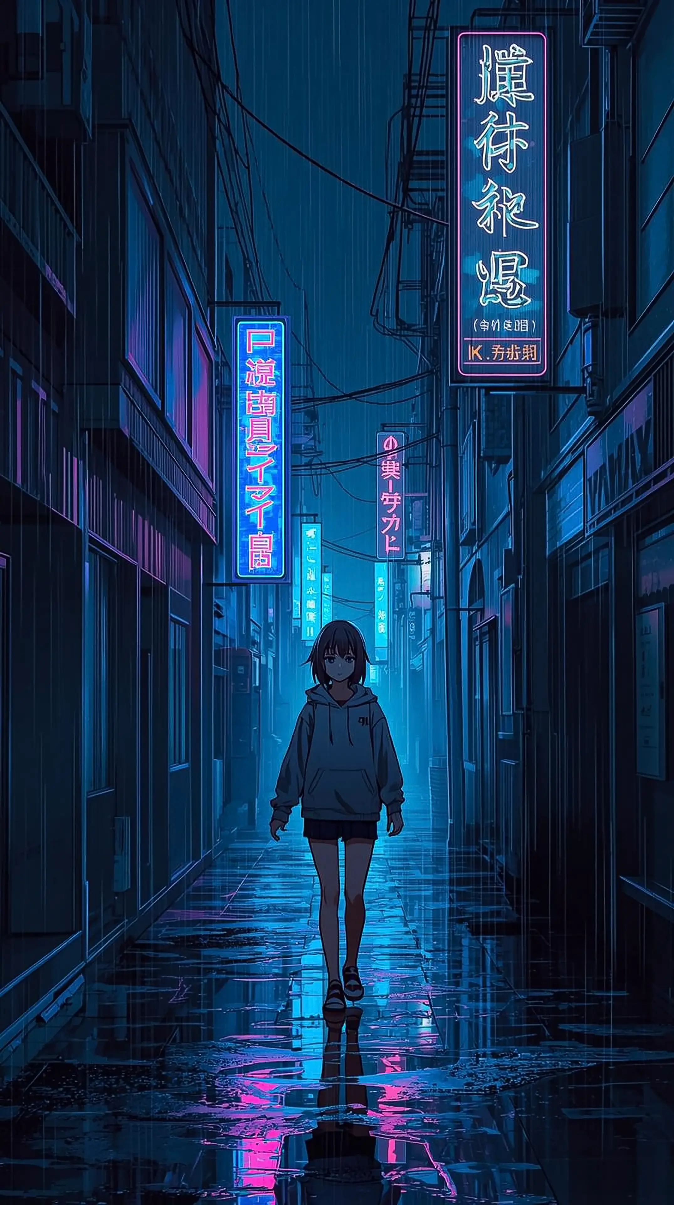 iphone wallpaper 4k Melancholic Anime Girl in Hoodie Rain-Soaked Cyberpunk Alley Vibrant Neon Kanji Signs Deep Blue Pink Lighting Reflective Puddles