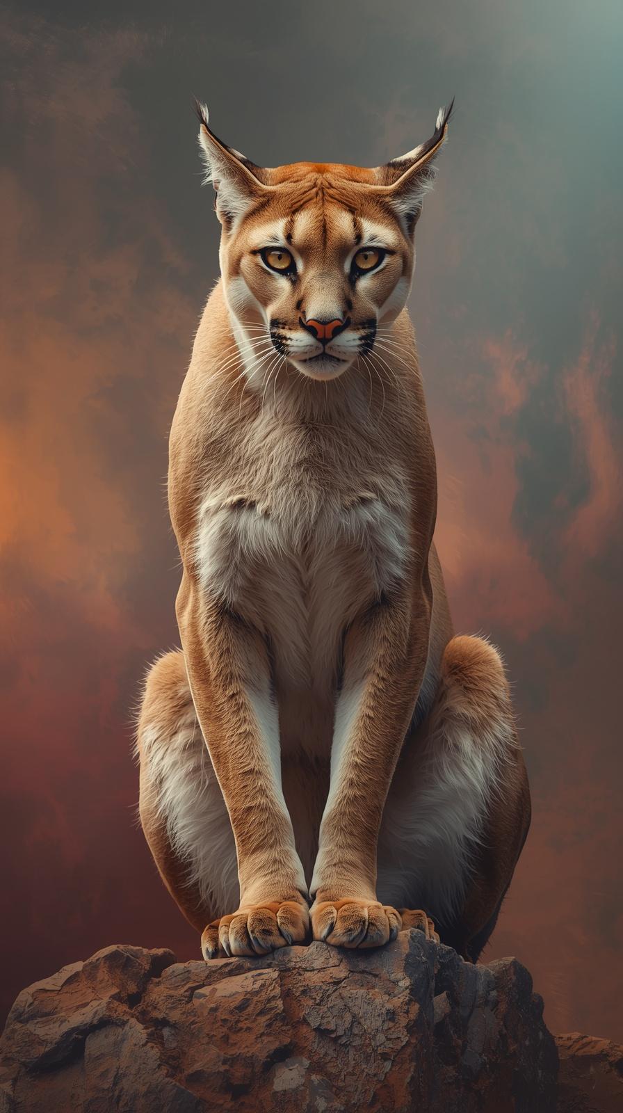 Majestic cougar sitting on a rock, looking intensely forward.