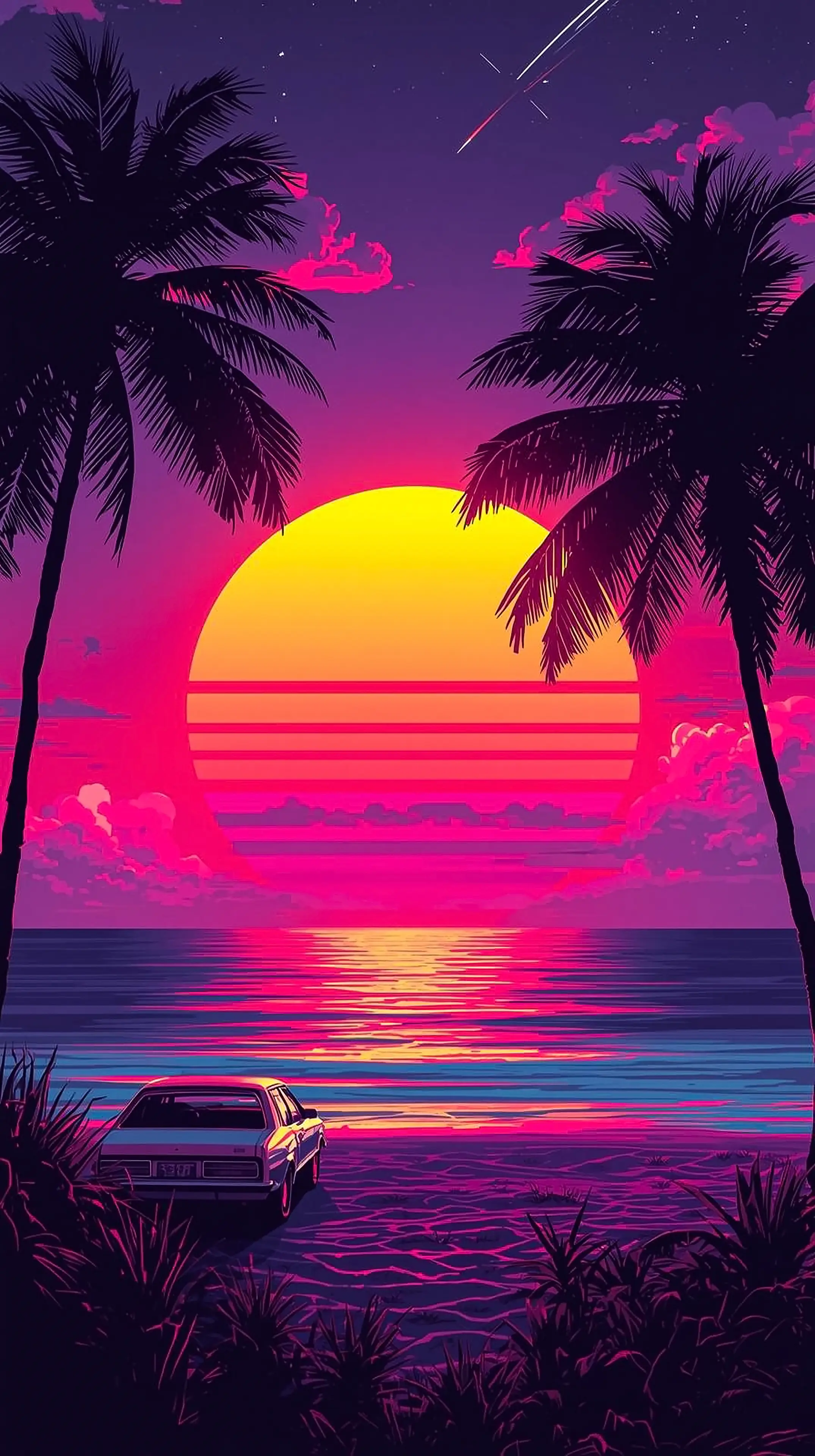 4k wallpaper for mobile Neon Vaporwave Tropical Sunset Pink Purple Gradient Palm Silhouettes Vintage Car Parked on Beach Cosmic Shooting Star Night