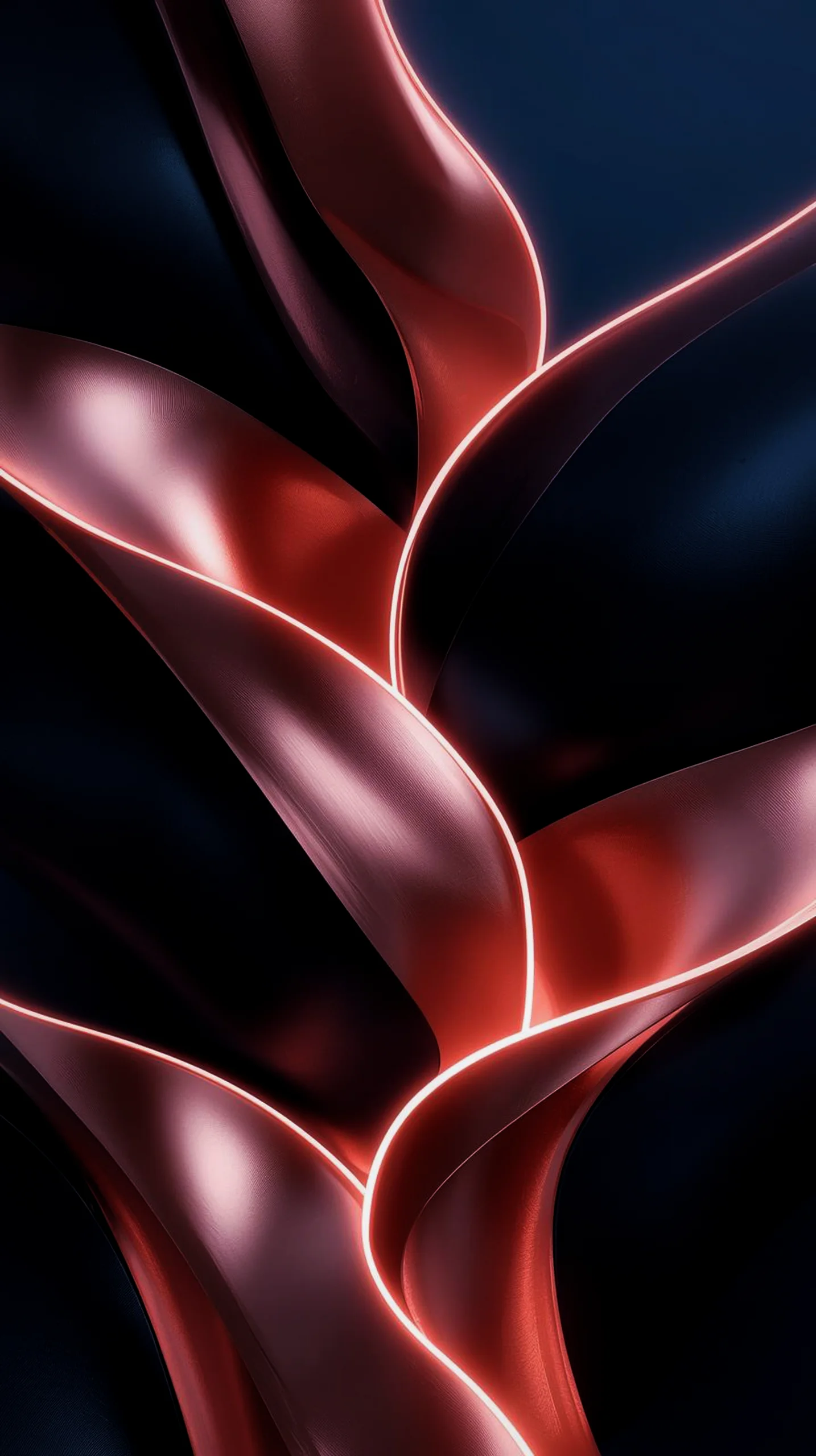 Abstract dark mobile wallpaper with flowing metallic red ribbons and neon outlines on a black background.
