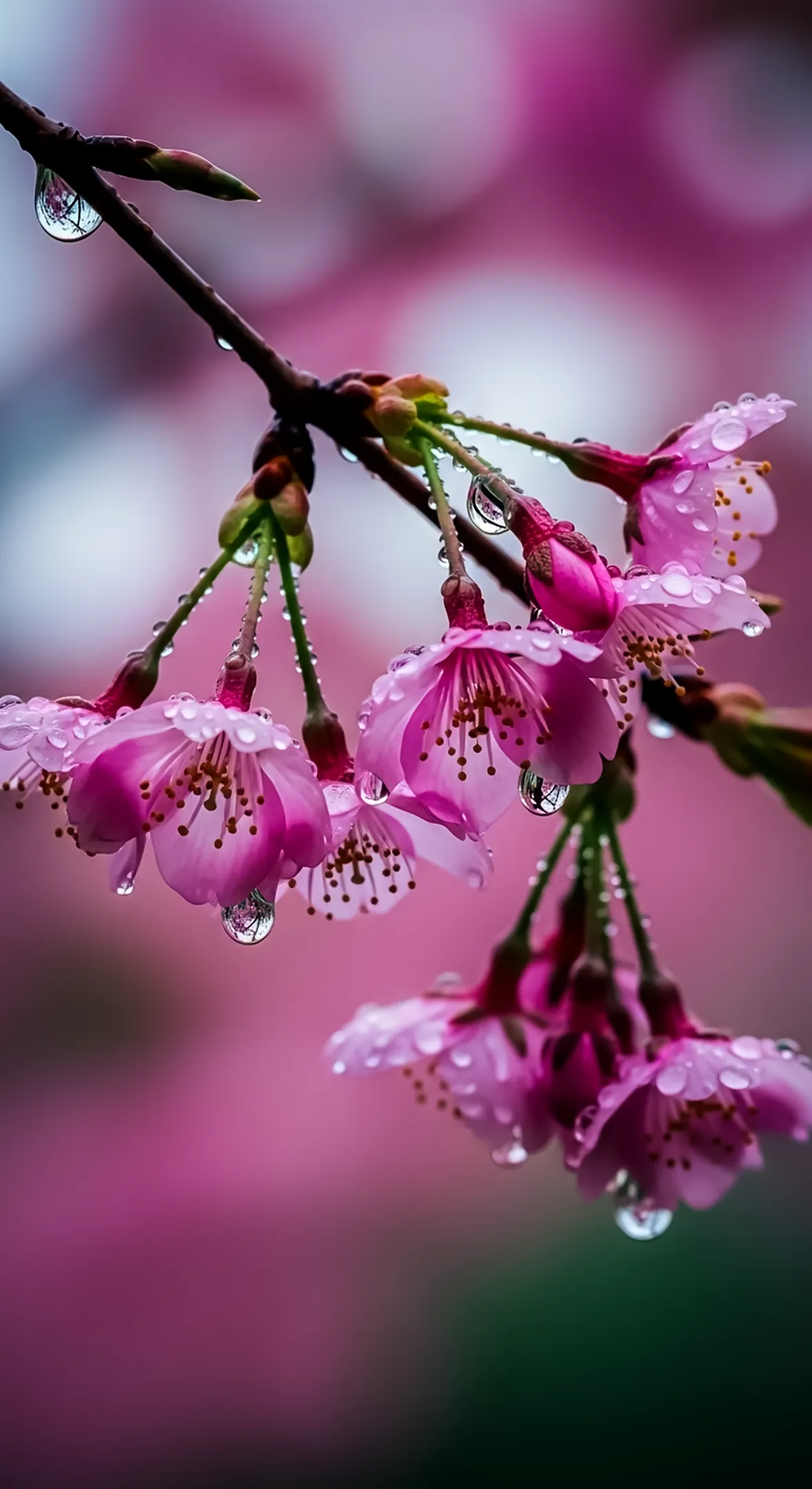 Pink flower background for iPhone with dewdrops, ideal flower phone background and flower phone wallpaper.