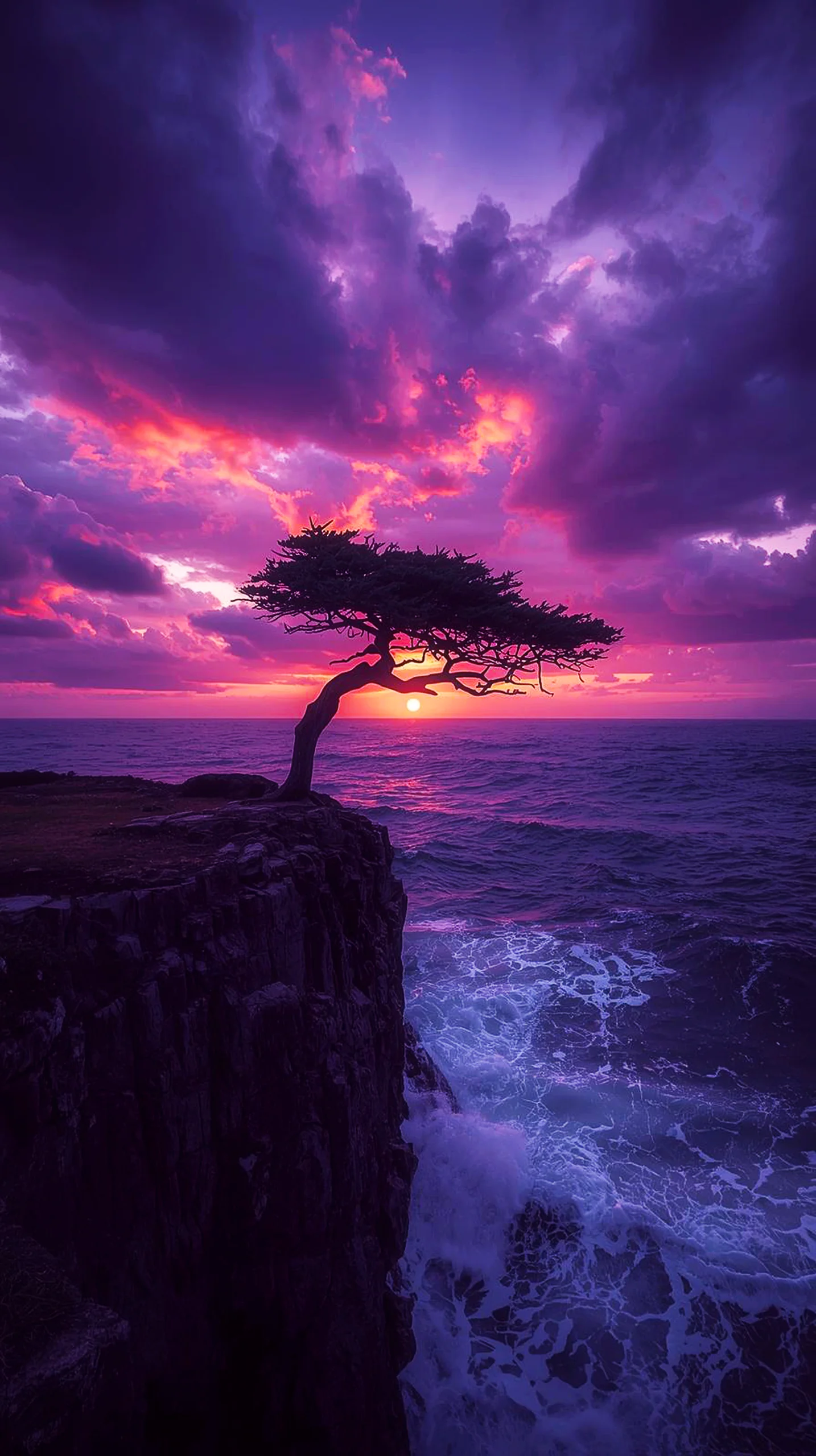 Purple sunset tree cliff iphone wallpaper 4k, 4k wallpaper for mobile, wallpaper for phone, cute 4k wallpaper for