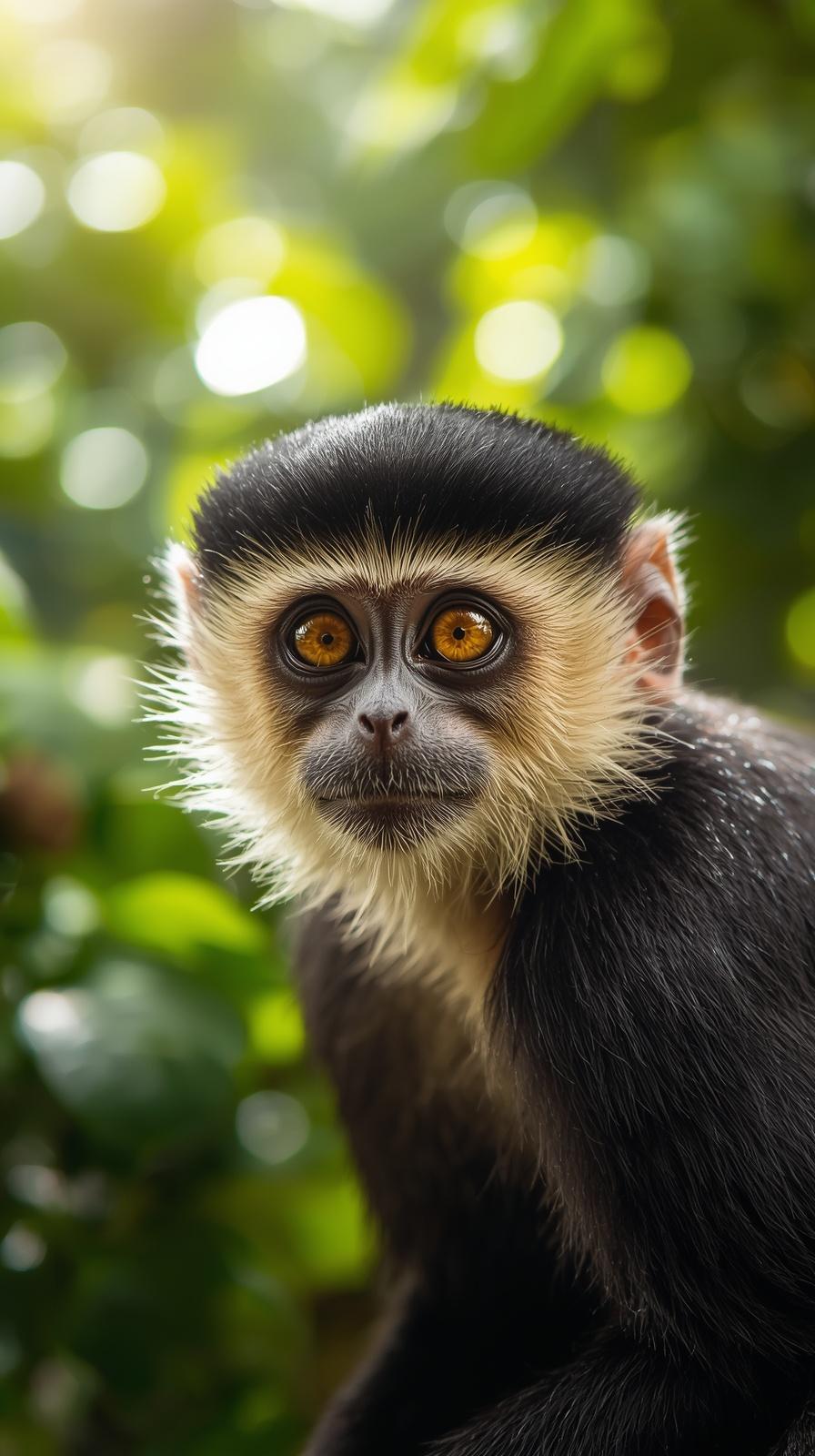 Close-up of a curious monkey with bright eyes in a lush forest.