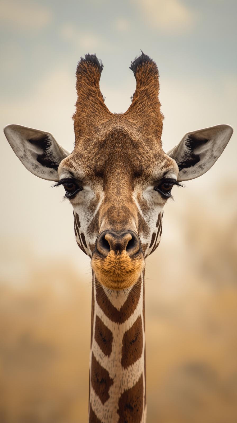 A close-up portrait of a giraffe looking directly into the camera lens.