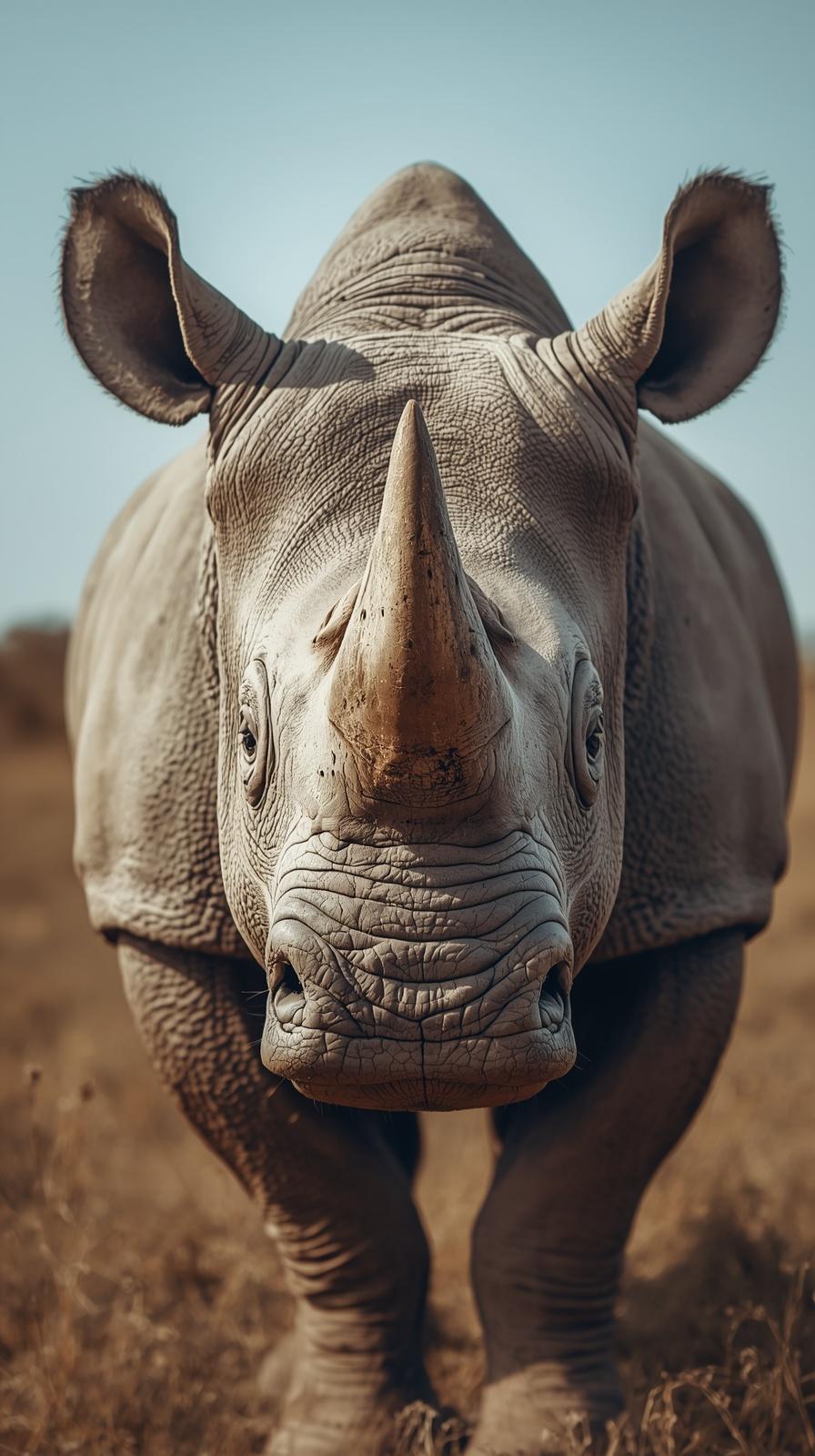 Majestic front-facing rhinoceros portrait in the wild with earthy tones.