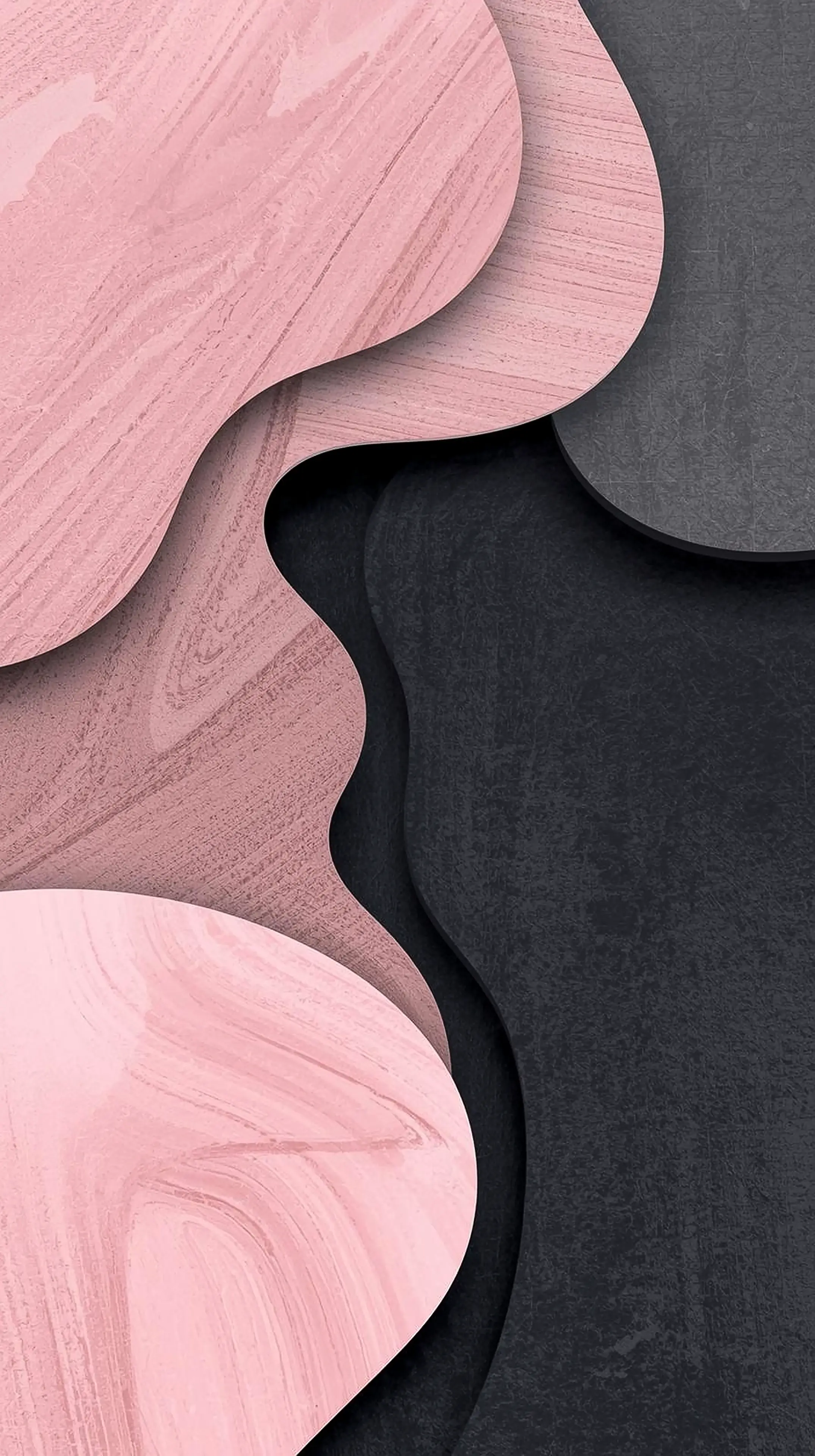 4k wallpaper for mobile Soft Pink & Black Wood Grain Abstract, Elegant Layered Organic Shapes in Blush Rose & Charcoal Tones