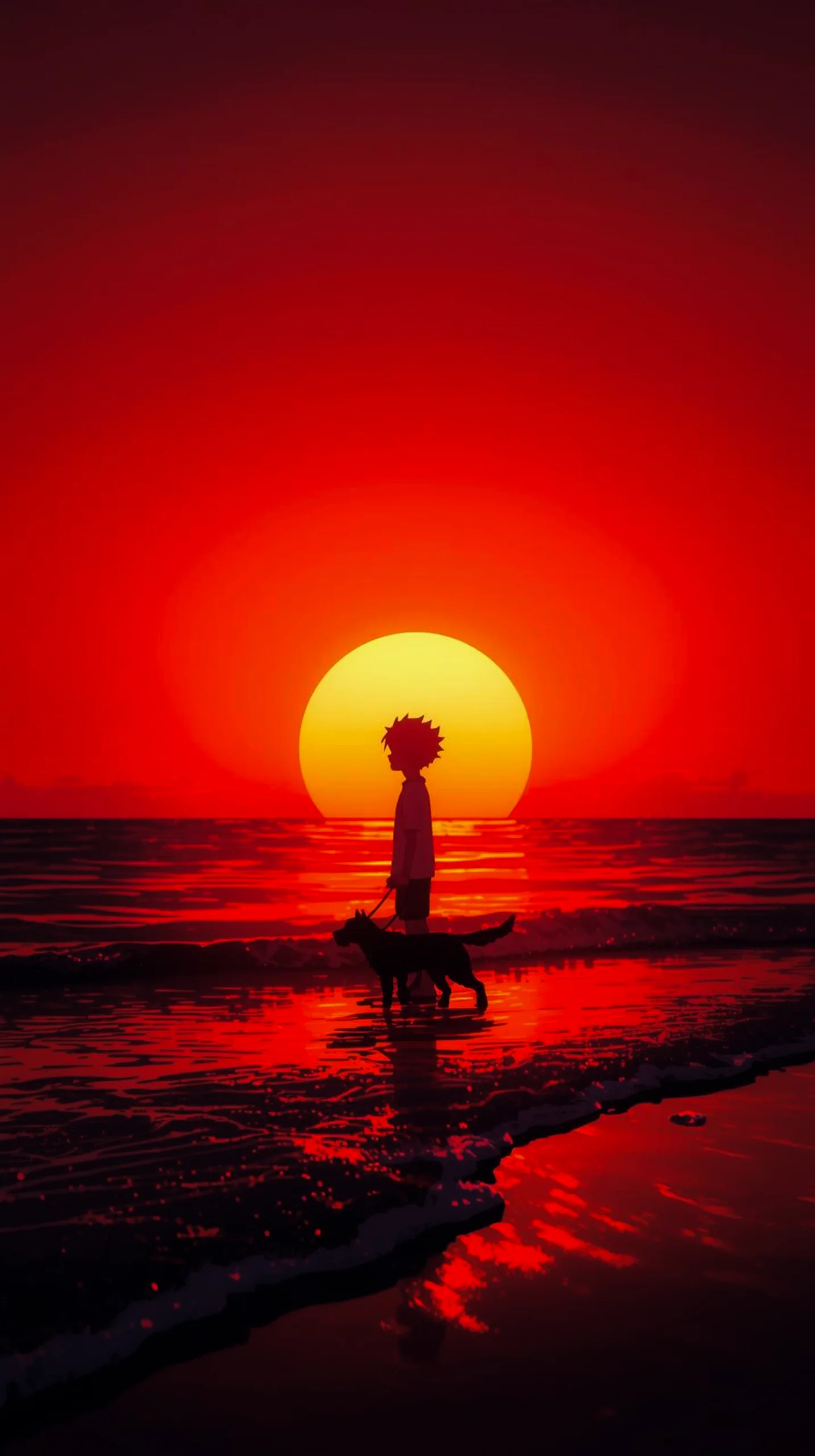vibrant sunset anime boy silhouette wallpaper for phone 4K resolution