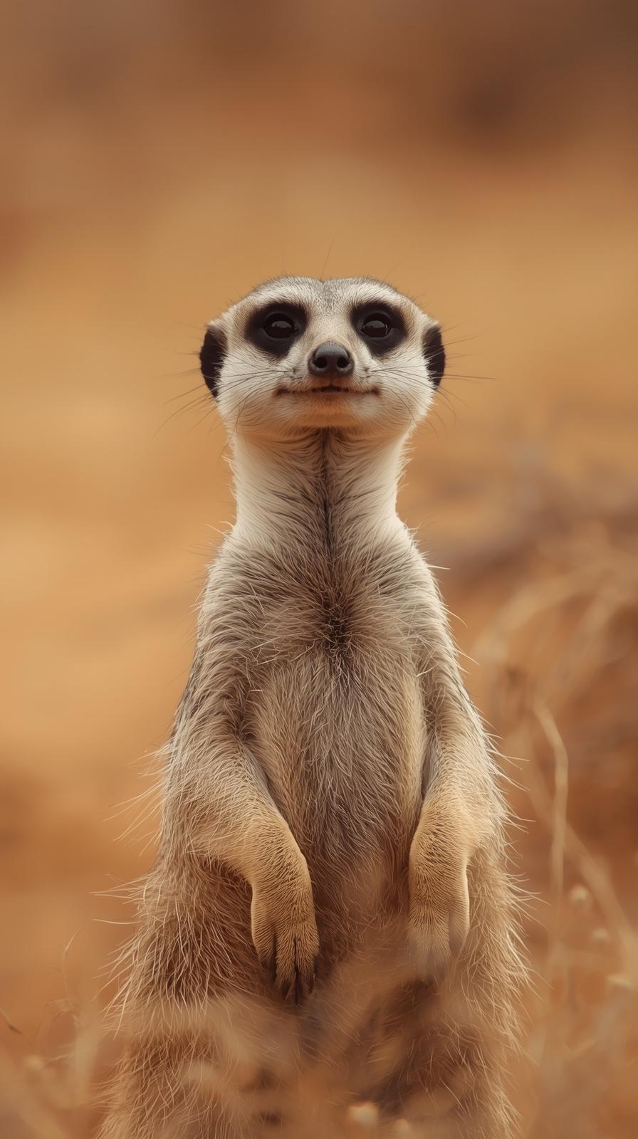 Curious meerkat standing alert in a warm, desert environment.