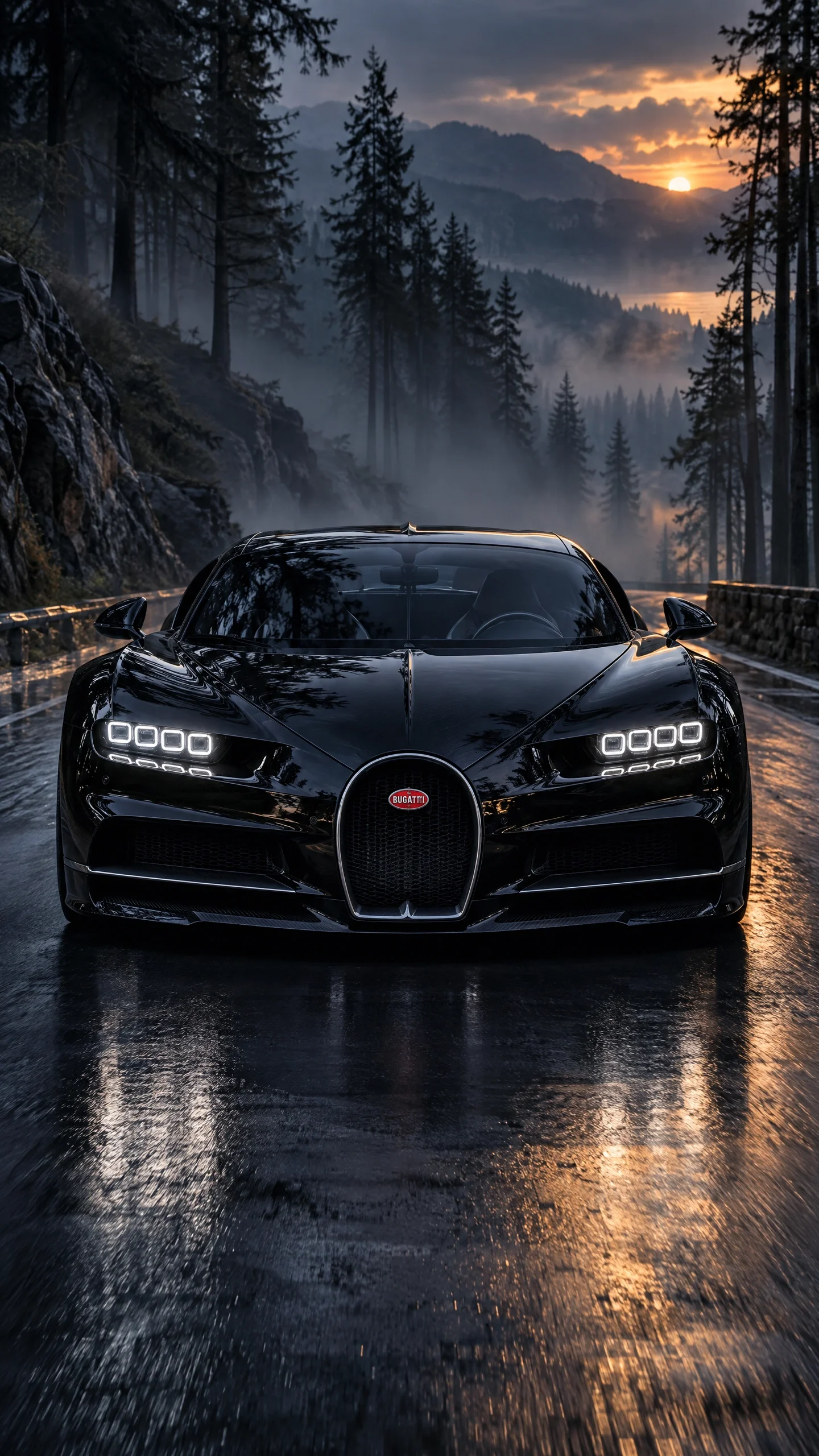 Black Bugatti Chiron Driving on Misty Mountain Road at Sunset Black Bugatti Chiron on a misty mountain road at sunset