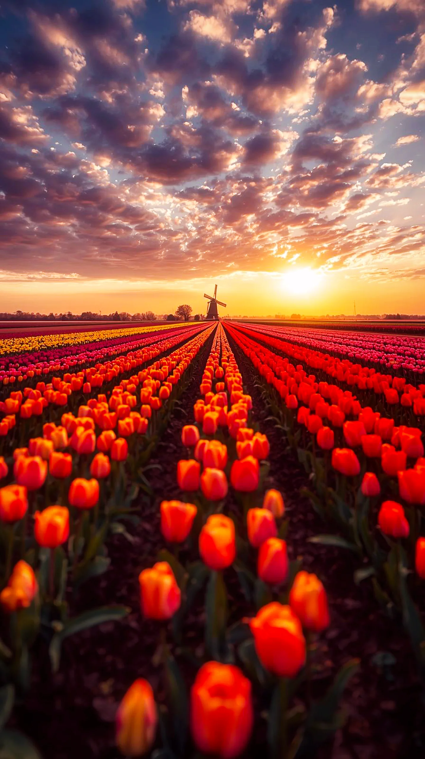 Vibrant tulip field sunset with windmill. Ideal iphone wallpaper 4k, 4k wallpaper for mobile, wallpaper for phone, cute
