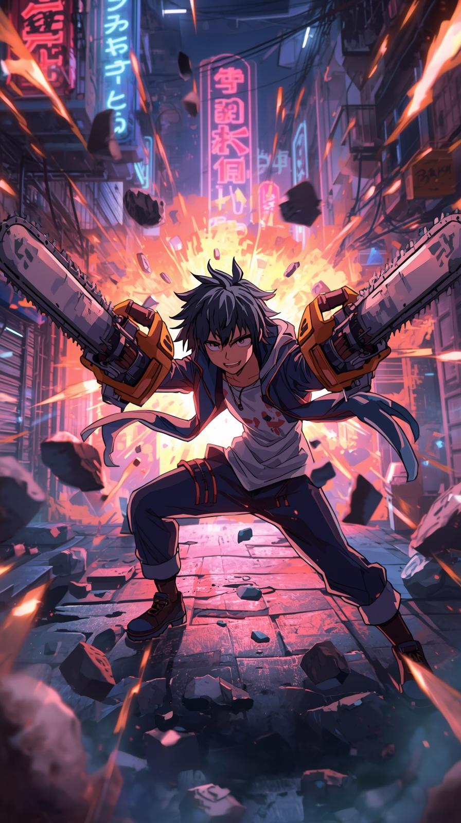 4k wallpaper for mobile – Gritty anime action illustration of a dark warrior wielding dual chainsaws with vibrant red blood splatters in a rain-slicked neon city alleyway.