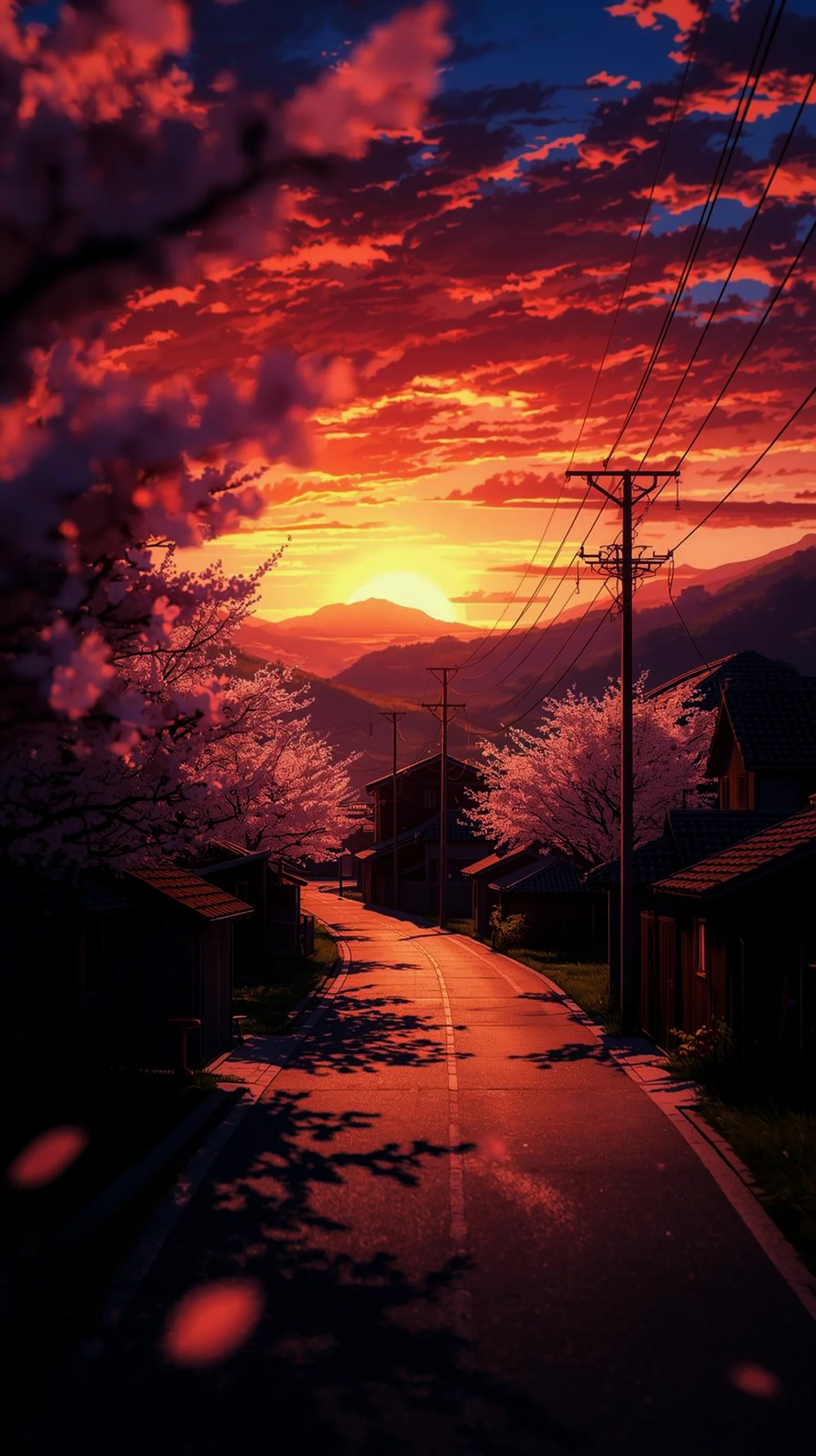 vibrant anime sunset village road wallpaper for iPhone 4K