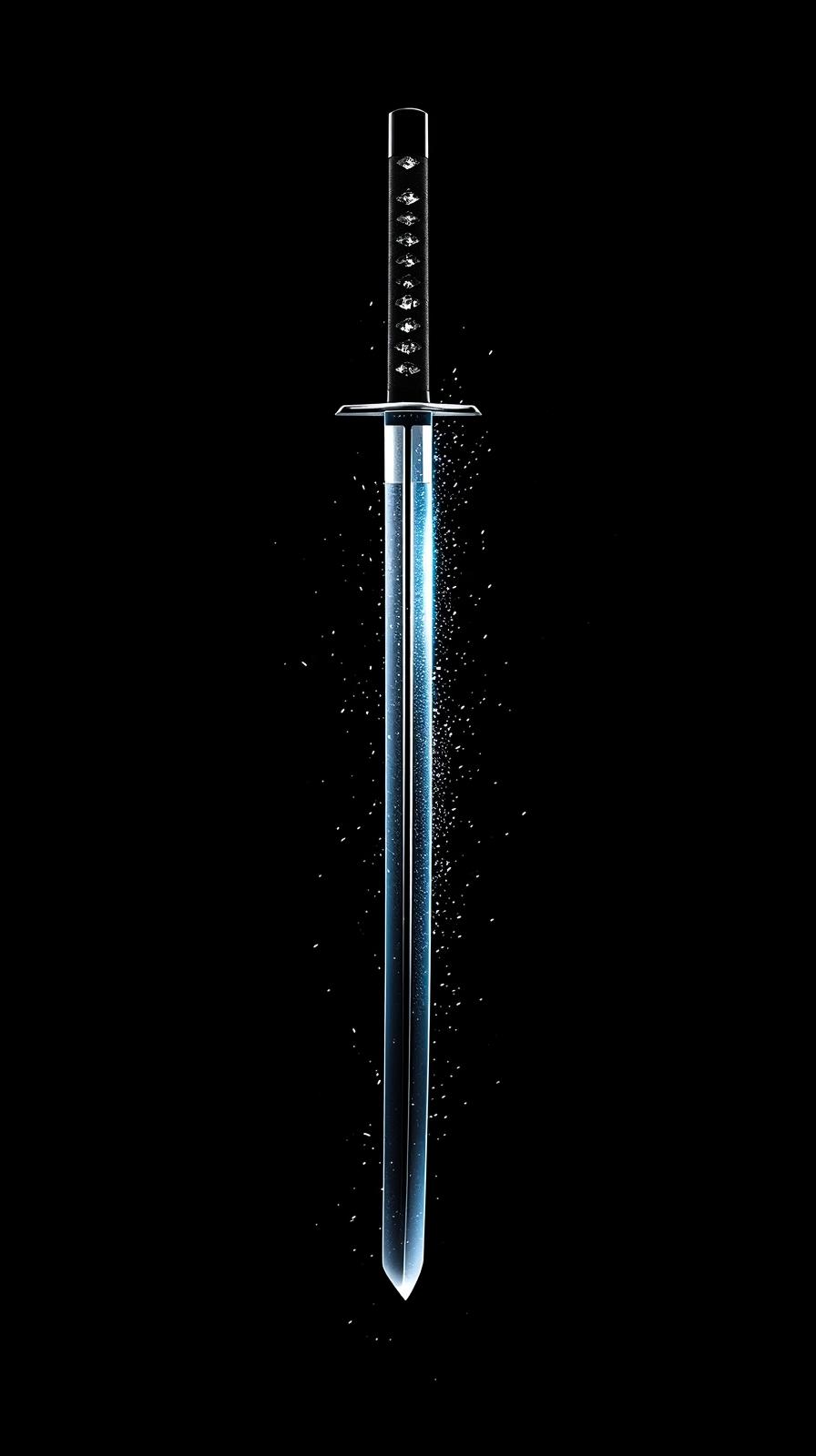 4k wallpaper for mobile Mystical Blue Crystal Katana Sword Glowing with Ethereal Light Particles Floating Sparkles on Bl