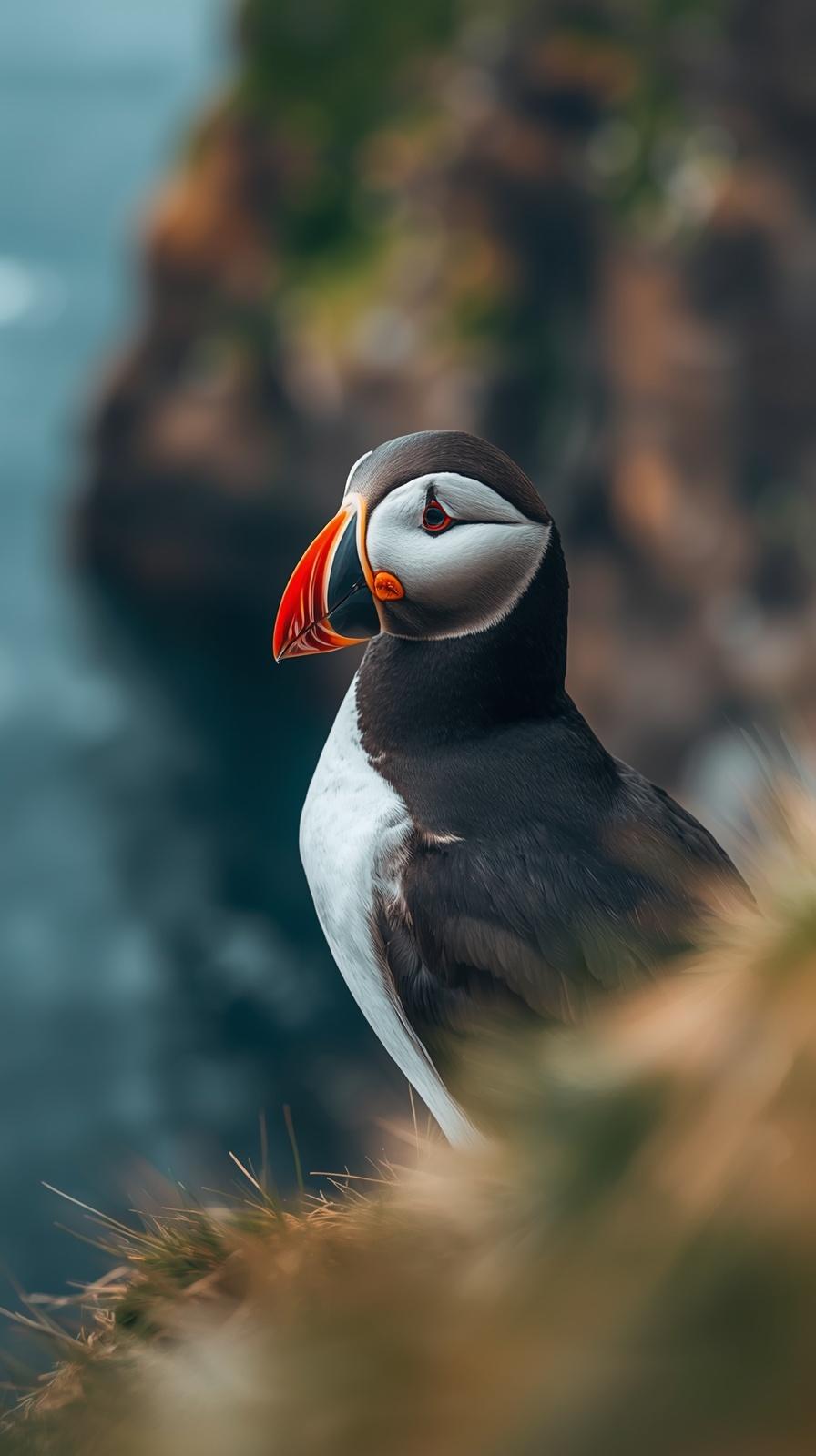 Atlantic Puffin bird perched on a grassy cliff overlooking the blue ocean.