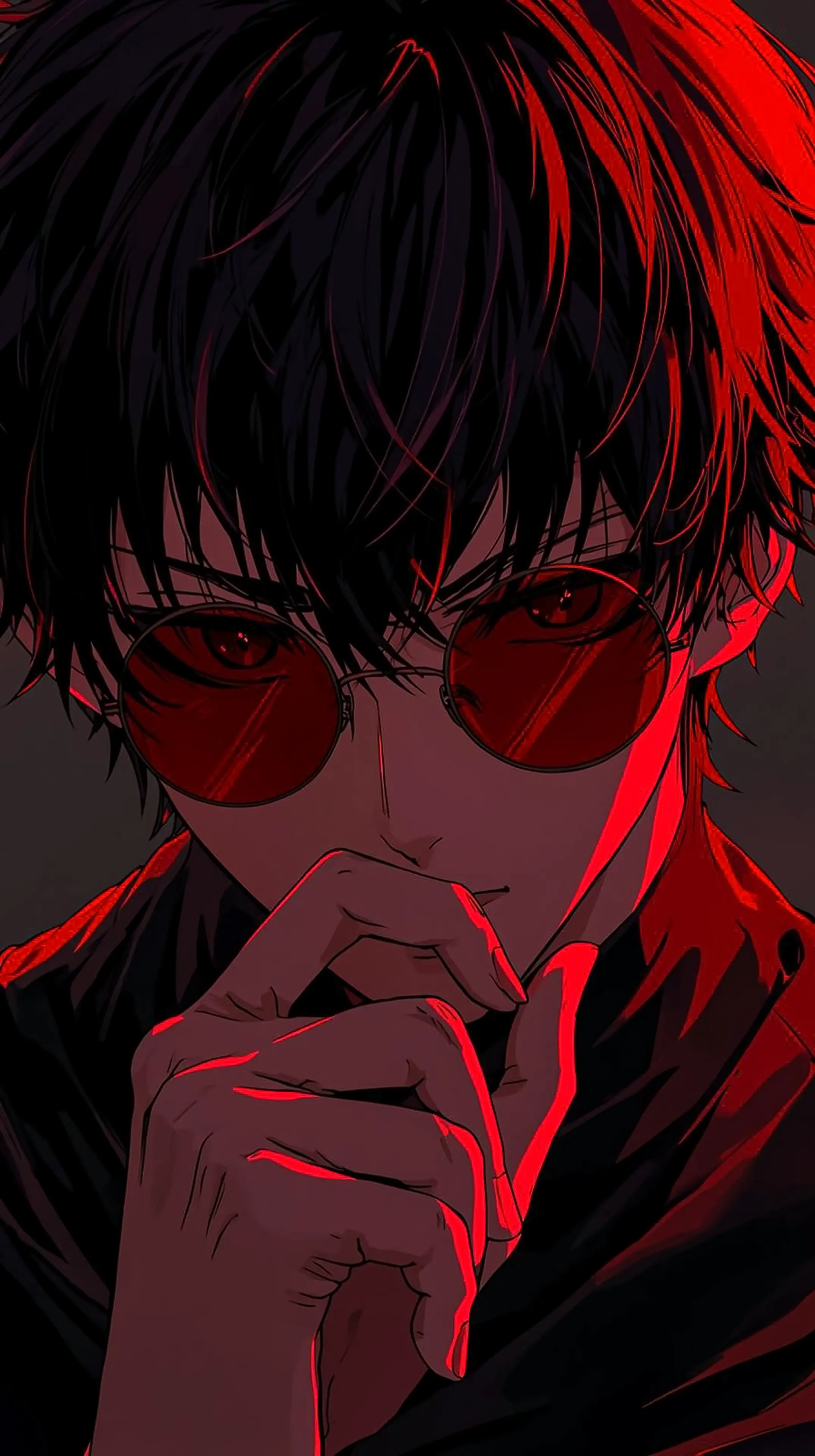 4k wallpaper for mobile Edgy Anime Guy Red Round Sunglasses Blood-Red Aura Thoughtful Hand Gesture Black Hair Dramatic Red Backlight