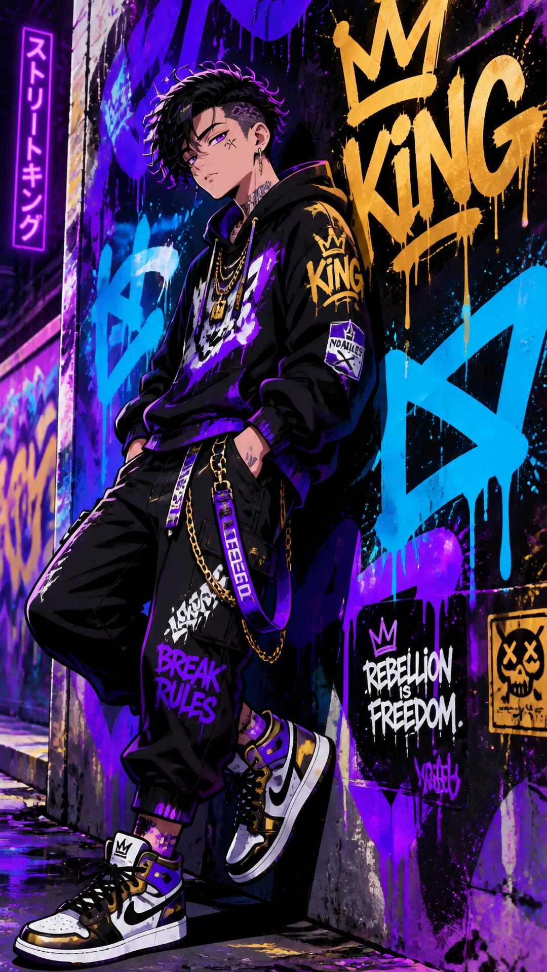 Cool Anime Boy in Streetwear Leaning Against Graffiti Wall Anime boy in streetwear leaning on a graffiti wall.