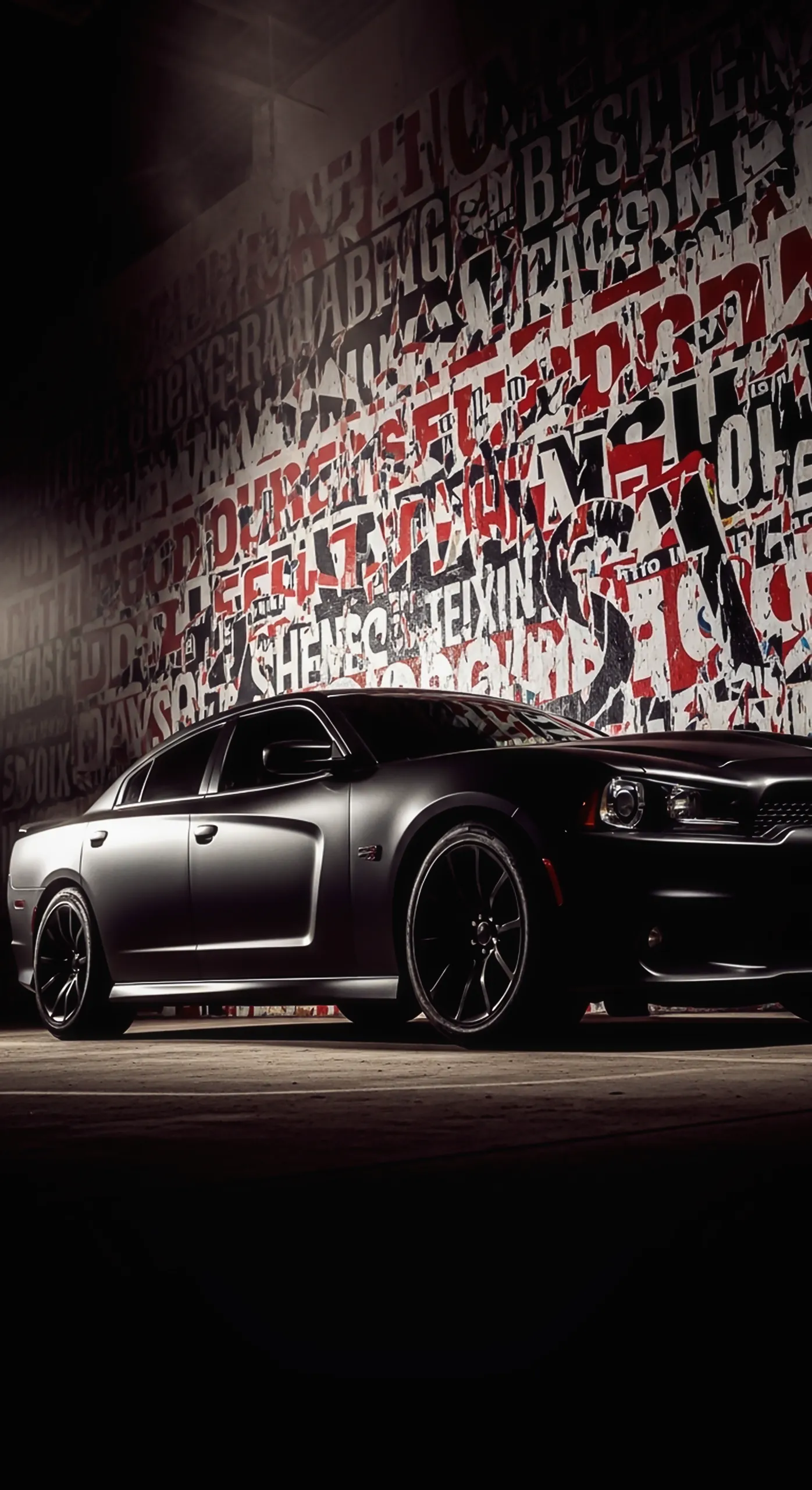 Sleek matte black car iphone wallpaper and car wallpaper 4k for mobile featuring a Dodge Charger