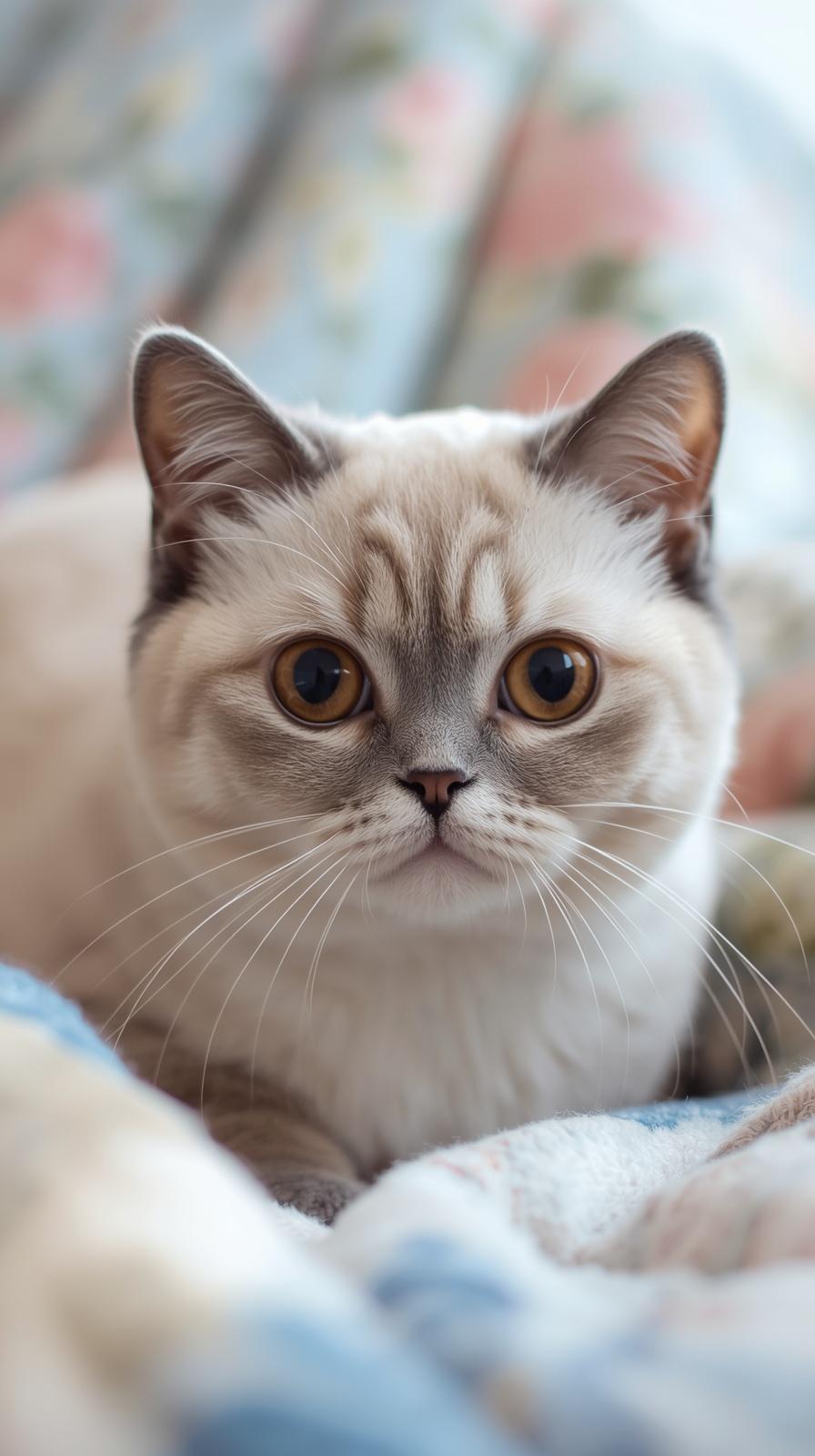 A close-up portrait of a cute fluffy cat with large amber eyes