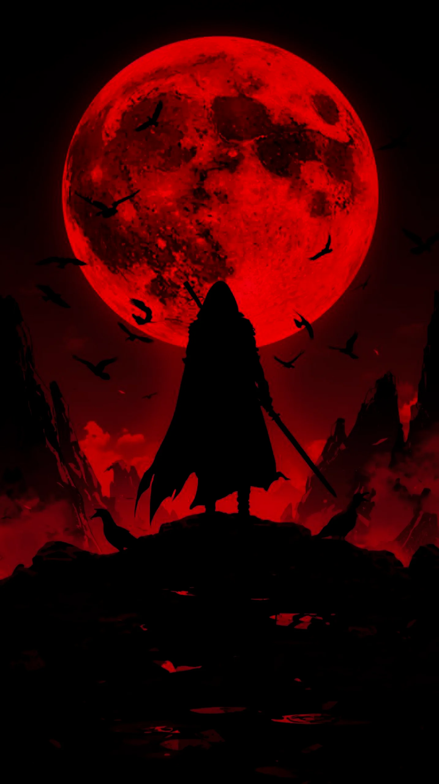 dark samurai silhouette blood moon wallpaper for iPhone 4K