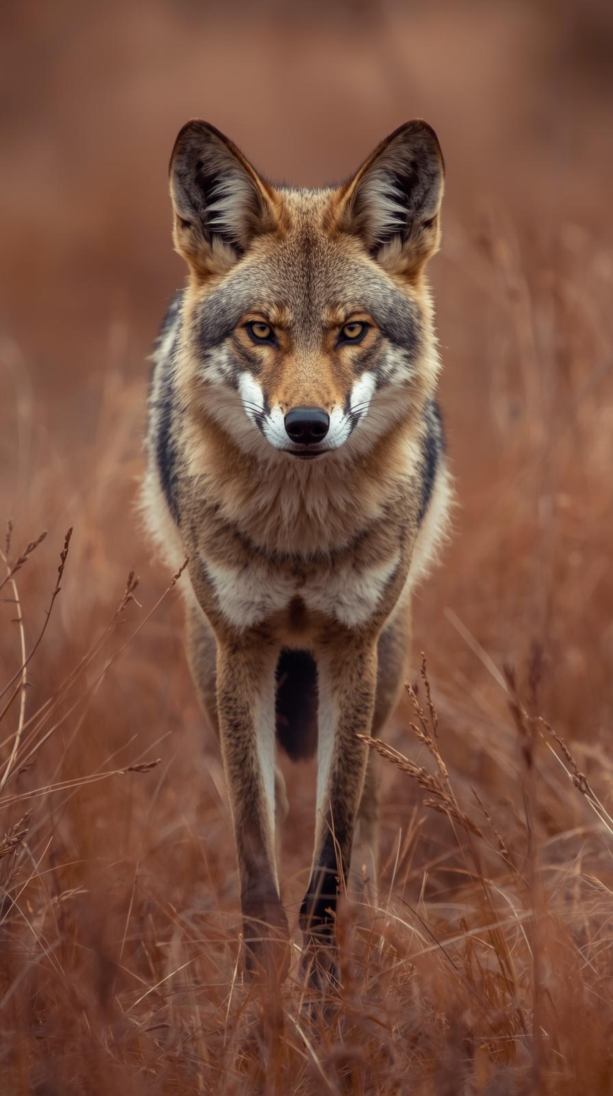 A majestic coyote stares intently while standing in a field of dry grass.
