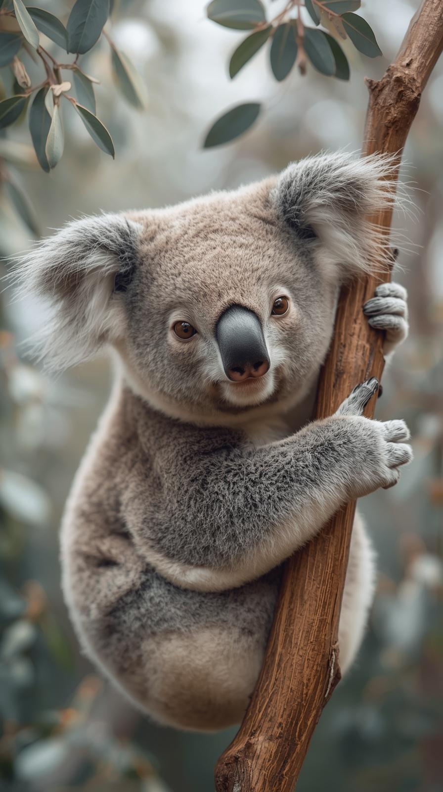 Adorable koala clinging to eucalyptus branch, peaceful and cute wildlife scene.