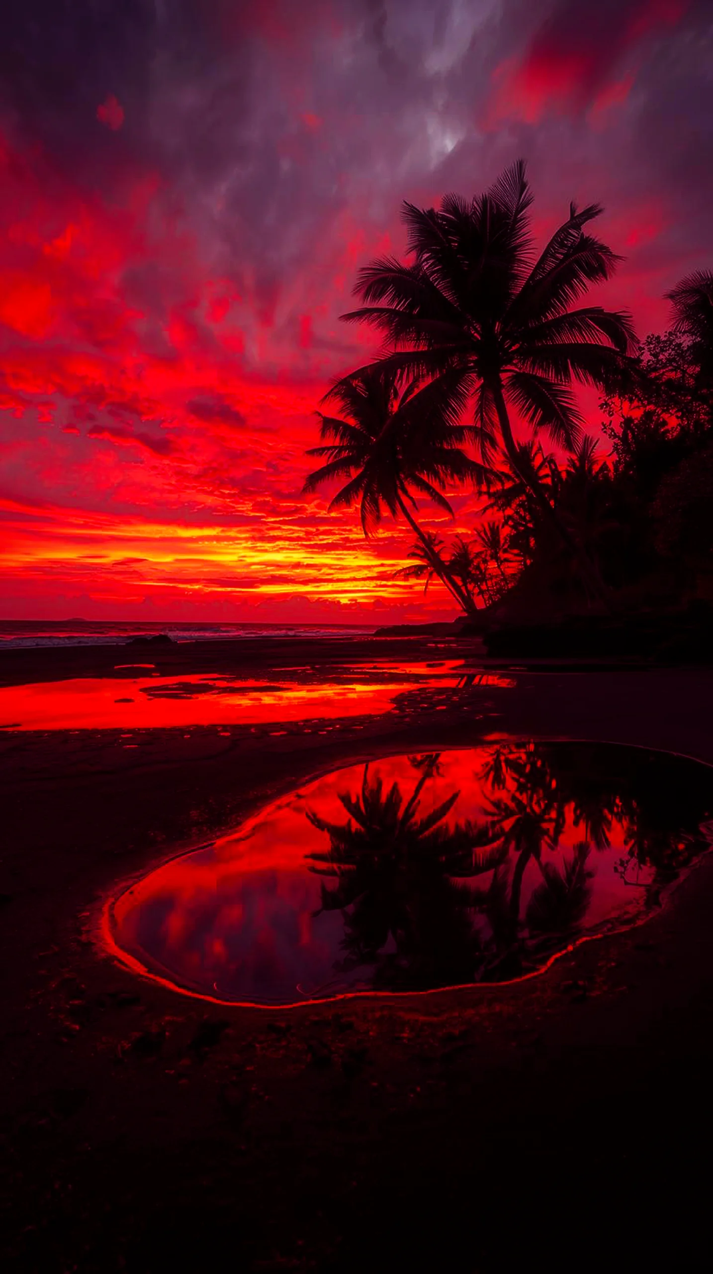 Red sunset beach iphone wallpaper 4k with palm trees reflected in water. Perfect 4k wallpaper for mobile, cute 4k