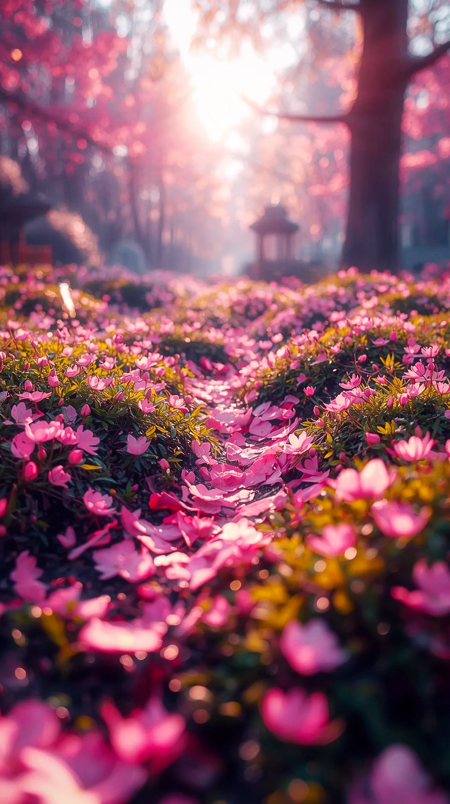 Cute 4K iPhone wallpaper featuring a path covered in pink blossoms and fallen petals, with a soft sunlit background.