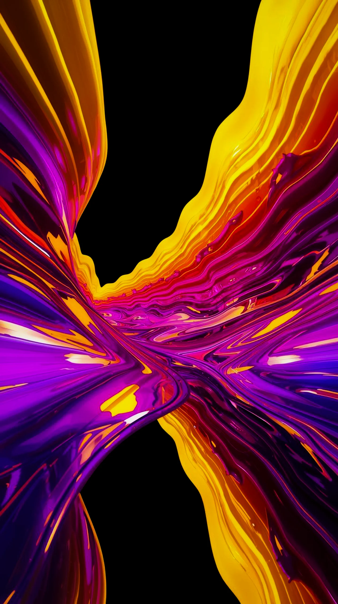 A dark AMOLED mobile wallpaper featuring an abstract, flowing design with vibrant purple and yellow colors against a