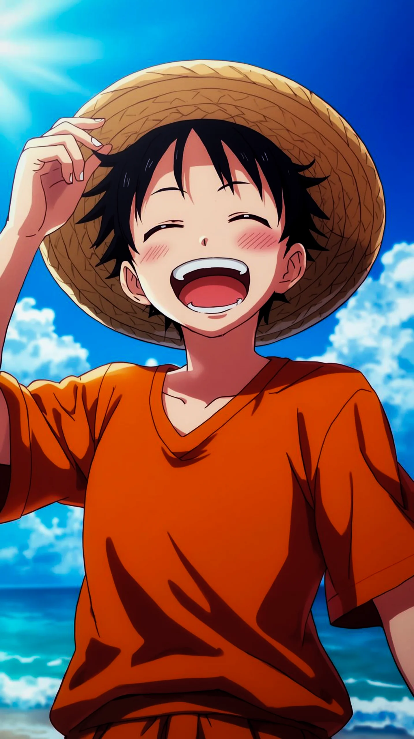 cheerful luffy anime character straw hat wallpaper for phone 4K