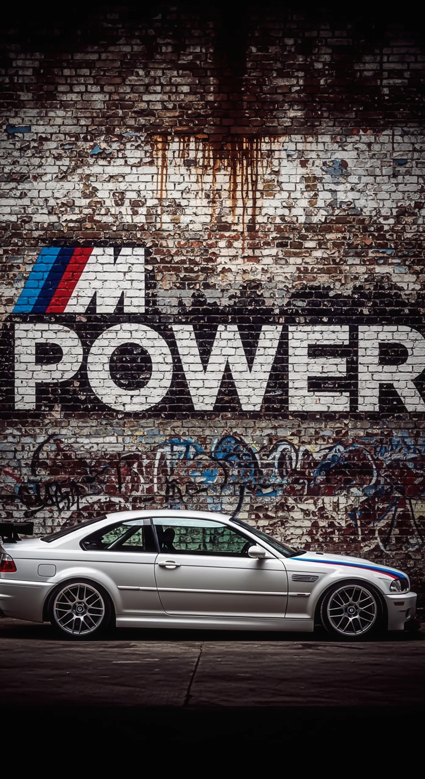 BMW M3 car iphone wallpaper, car wallpaper 4k for mobile, car wallpaper4k for mobile with M Power graffiti wall