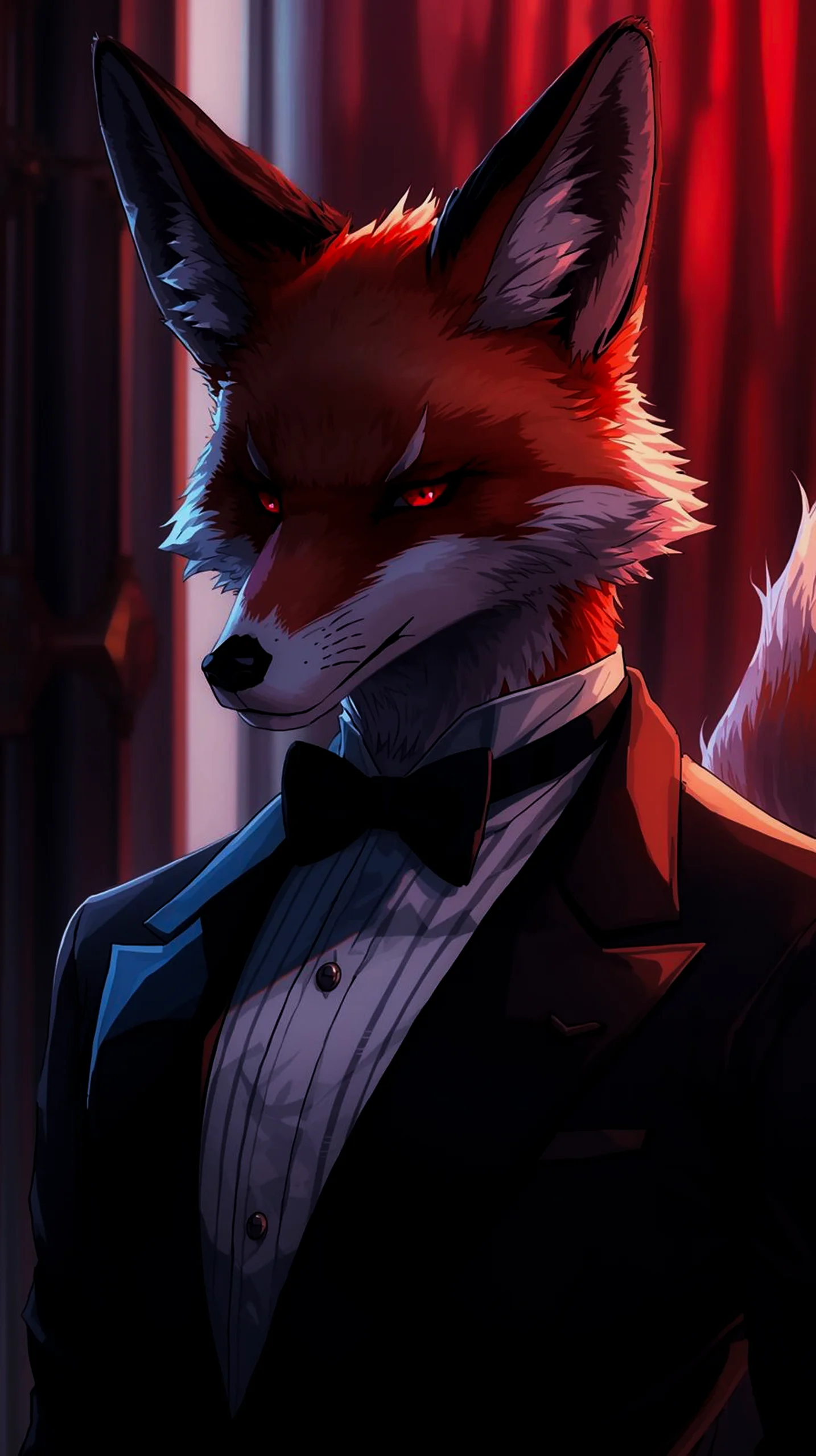 elegant red-eyed fox in tuxedo wallpaper for phone 4K