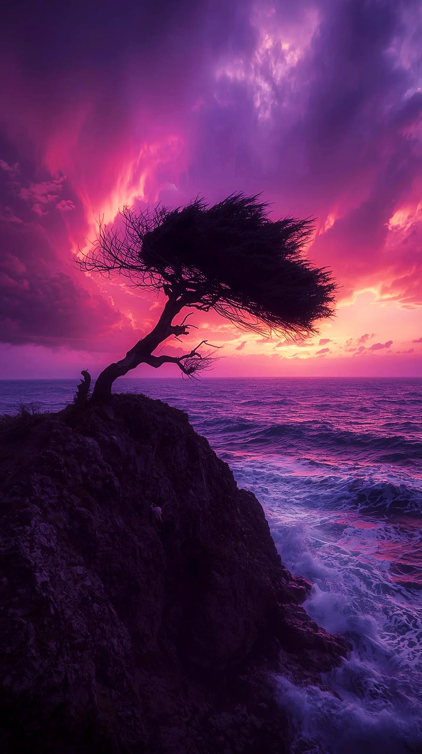 Dramatic purple sunset with windswept tree on cliff, ocean waves. Ideal iphone wallpaper 4k, 4k wallpaper for mobile,