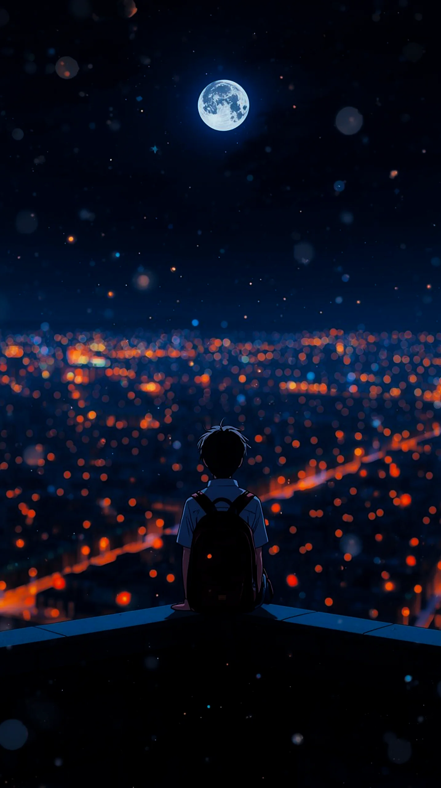 dreamy anime person city night moon wallpaper for phone 4K