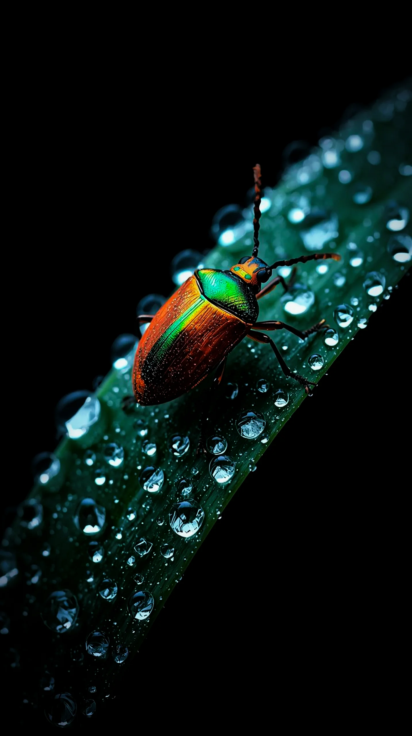 Iridescent beetle on a dewy leaf, amoled wallpaper 4k for mobile, iphone wallpaper 4k, 4k wallpaper for phone.
