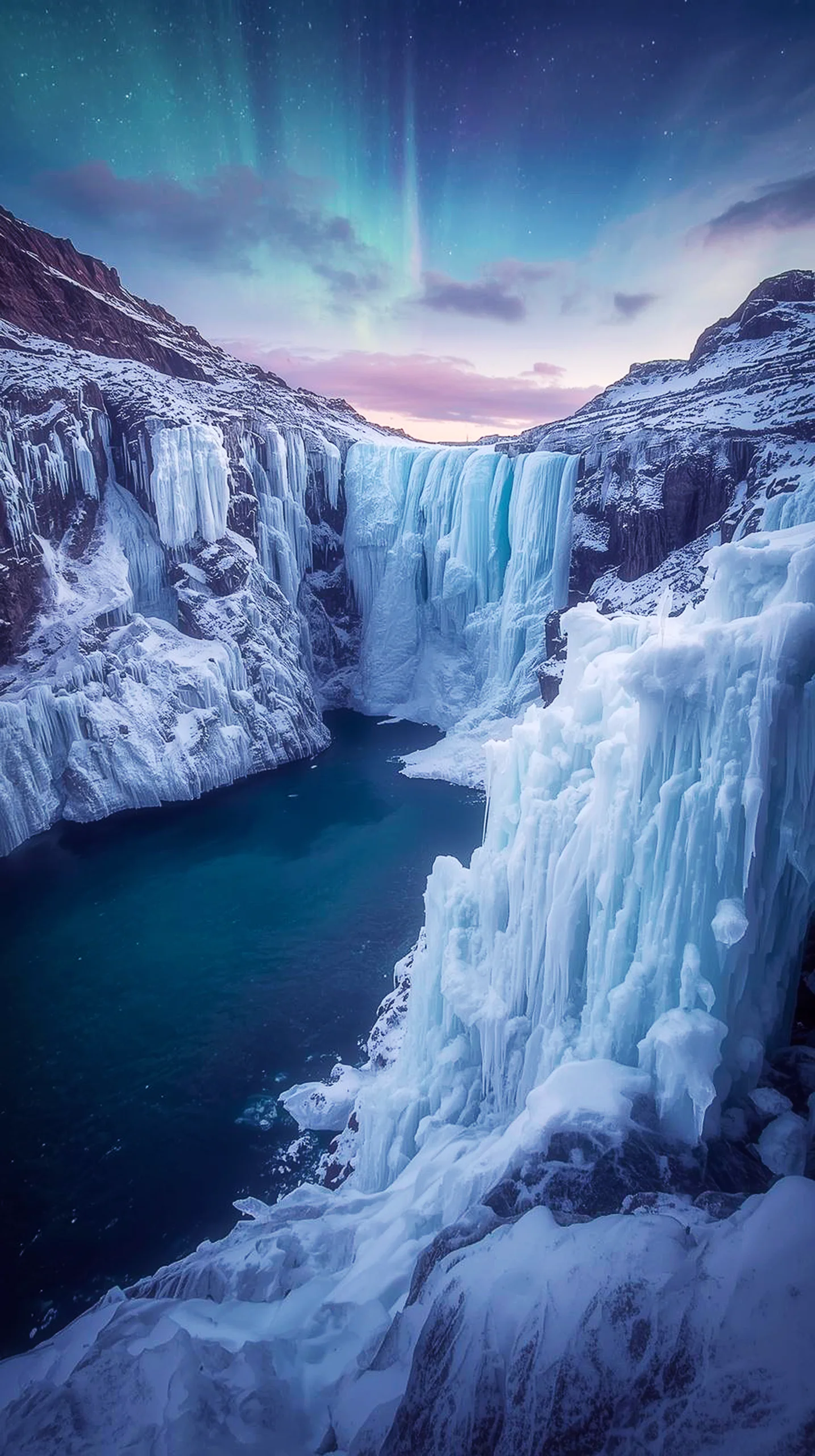 Frozen waterfall under aurora sky, iphone wallpaper 4k, 4k wallpaper for mobile, cute 4k wallpaper for iphone
