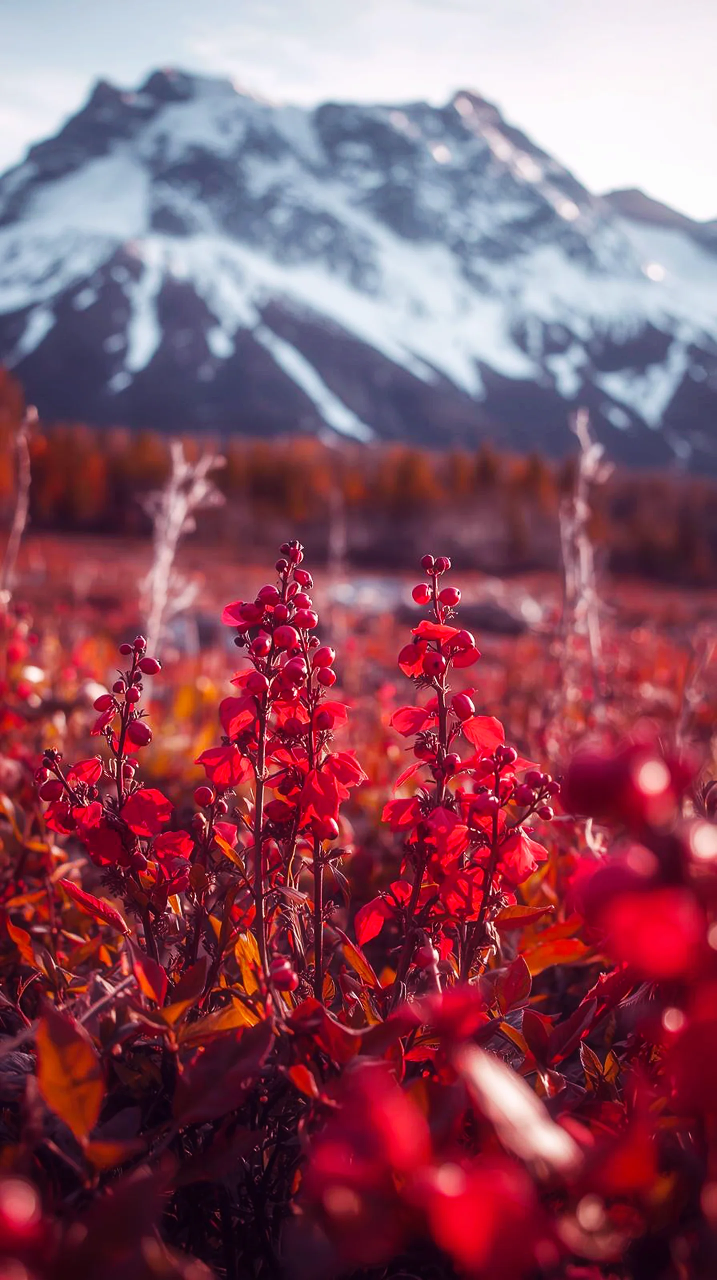 Red flowers and snow mountain iphone wallpaper 4k, 4k wallpaper for mobile, cute 4k wallpaper for iphone, iphone 4k