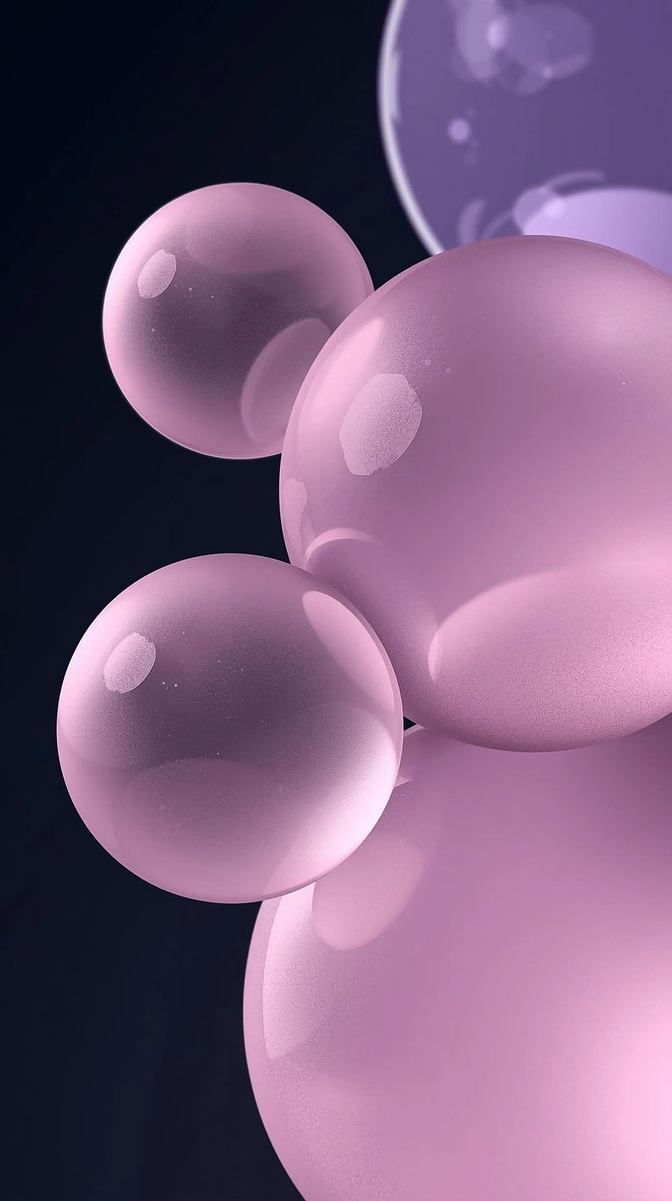 4k wallpaper for mobile Soft Pink Glossy Bubbles Floating on Dark Background, Minimalist Pastel Spheres 3D Render Aesthe